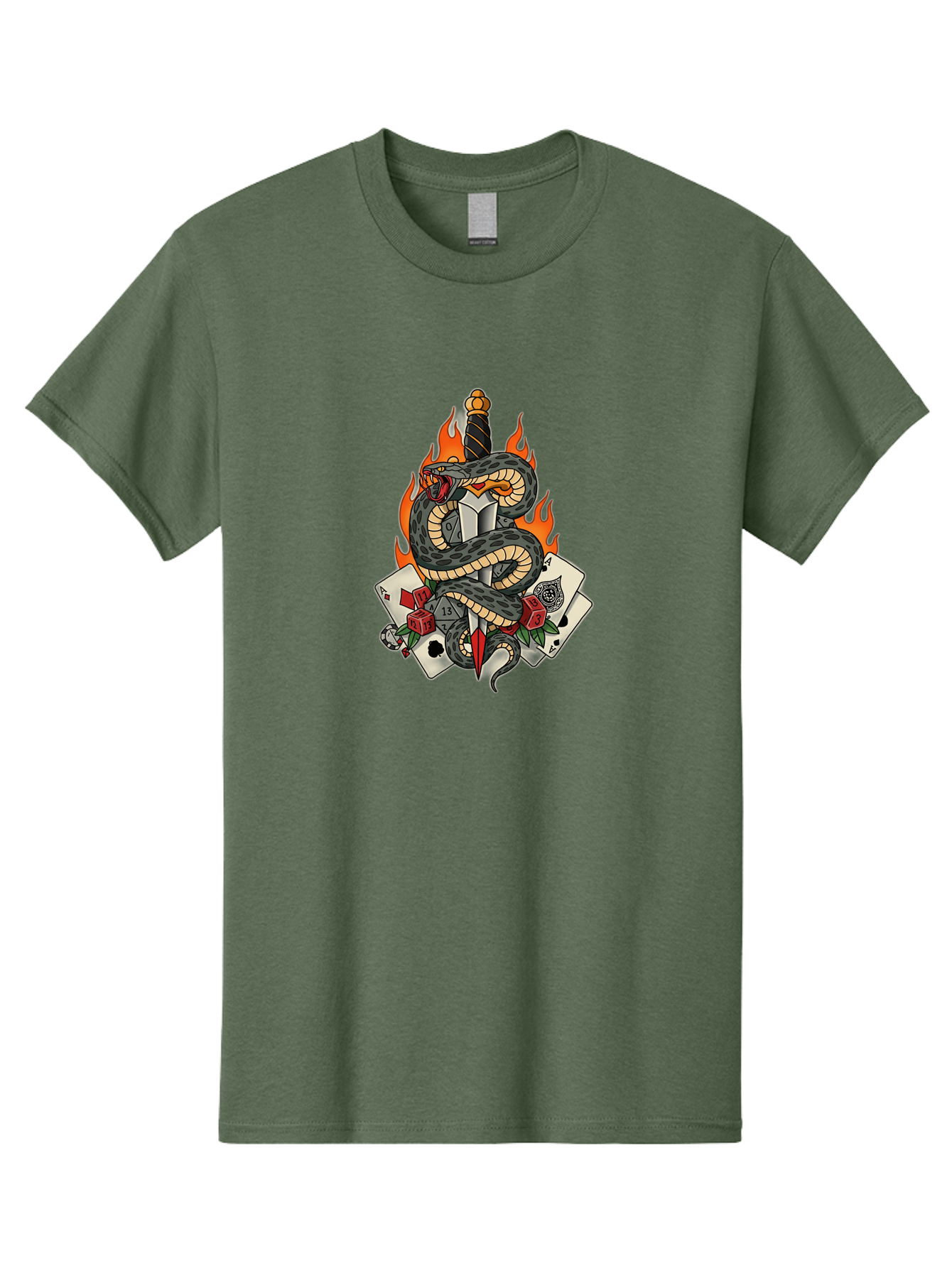 Snake-Dagger-Tattoo Men'S Graphic Tee, 100% Cotton, Comfortable Casual Summer Wear, Machine Washable, Snake Wrapped Dagger, Playing Cards, Red Dice, Skull, Flames, Tattoo Art, Traditional Tattoo, Bold Lines, Vibrant Colors, Dagger With Snake, Bad651 10