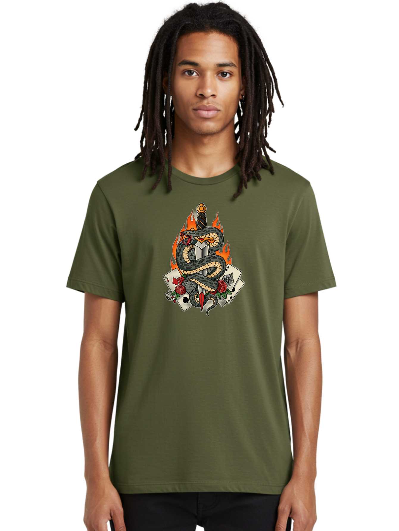 Snake-Dagger-Tattoo Men'S Graphic Tee, 100% Cotton, Comfortable Casual Summer Wear, Machine Washable, Snake Wrapped Dagger, Playing Cards, Red Dice, Skull, Flames, Tattoo Art, Traditional Tattoo, Bold Lines, Vibrant Colors, Dagger With Snake, Bad651 25