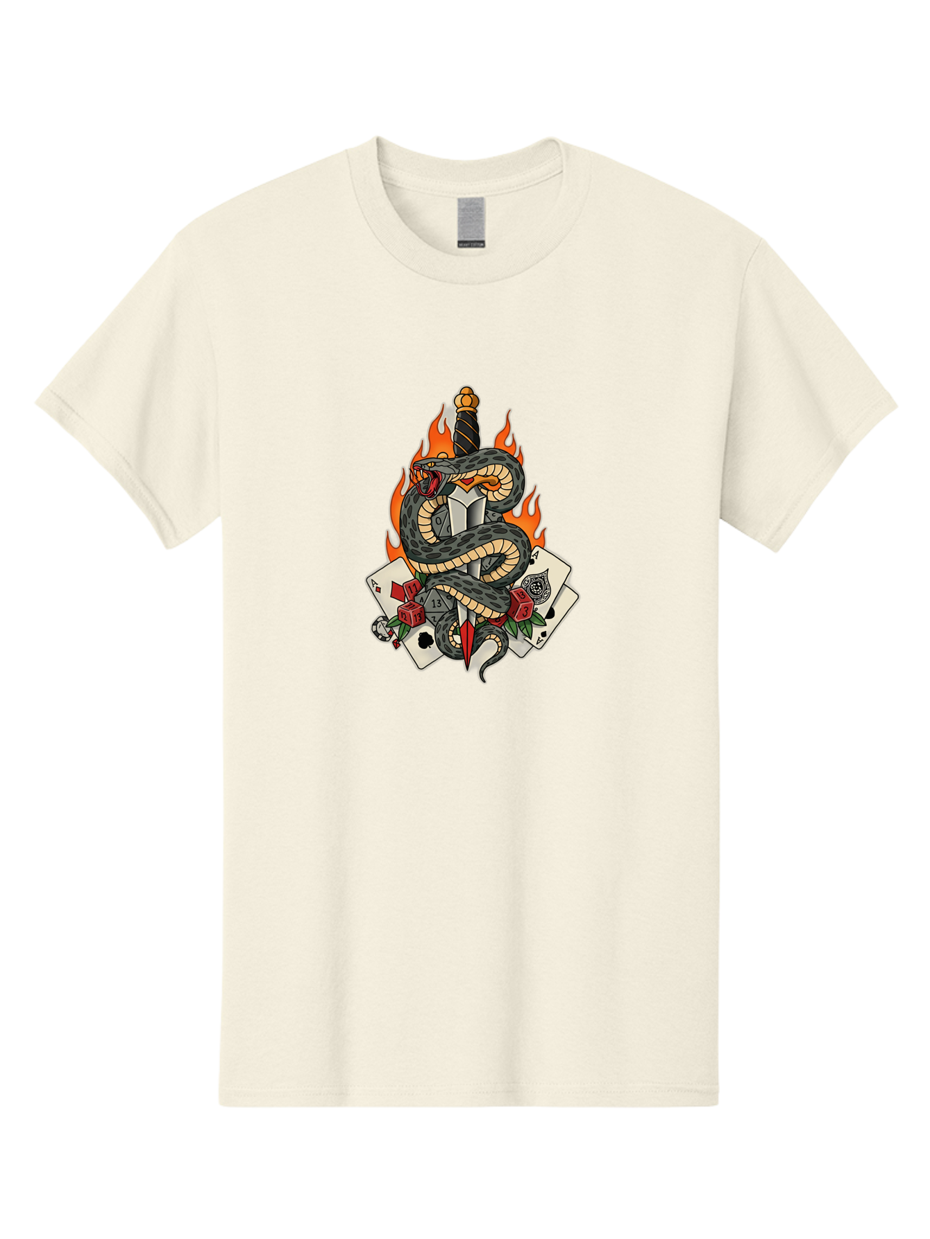 Snake-Dagger-Tattoo Men'S Graphic Tee, 100% Cotton, Comfortable Casual Summer Wear, Machine Washable, Snake Wrapped Dagger, Playing Cards, Red Dice, Skull, Flames, Tattoo Art, Traditional Tattoo, Bold Lines, Vibrant Colors, Dagger With Snake, Bad651 3