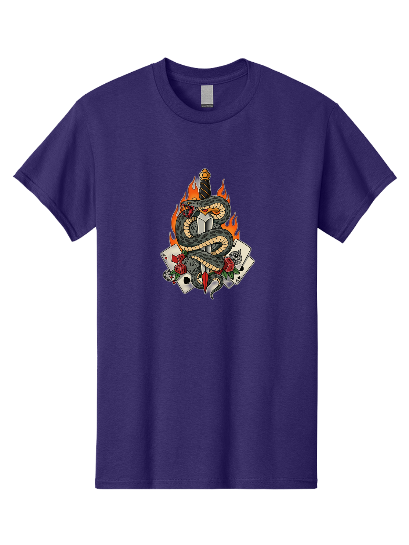 Snake-Dagger-Tattoo Men'S Graphic Tee, 100% Cotton, Comfortable Casual Summer Wear, Machine Washable, Snake Wrapped Dagger, Playing Cards, Red Dice, Skull, Flames, Tattoo Art, Traditional Tattoo, Bold Lines, Vibrant Colors, Dagger With Snake, Bad651 15