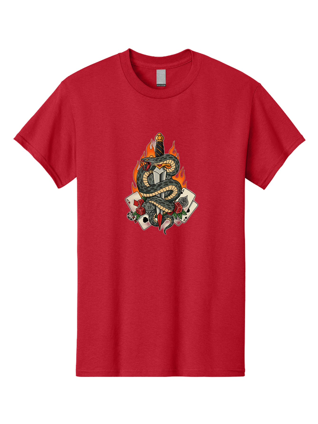 Snake-Dagger-Tattoo Men'S Graphic Tee, 100% Cotton, Comfortable Casual Summer Wear, Machine Washable, Snake Wrapped Dagger, Playing Cards, Red Dice, Skull, Flames, Tattoo Art, Traditional Tattoo, Bold Lines, Vibrant Colors, Dagger With Snake, Bad651 5