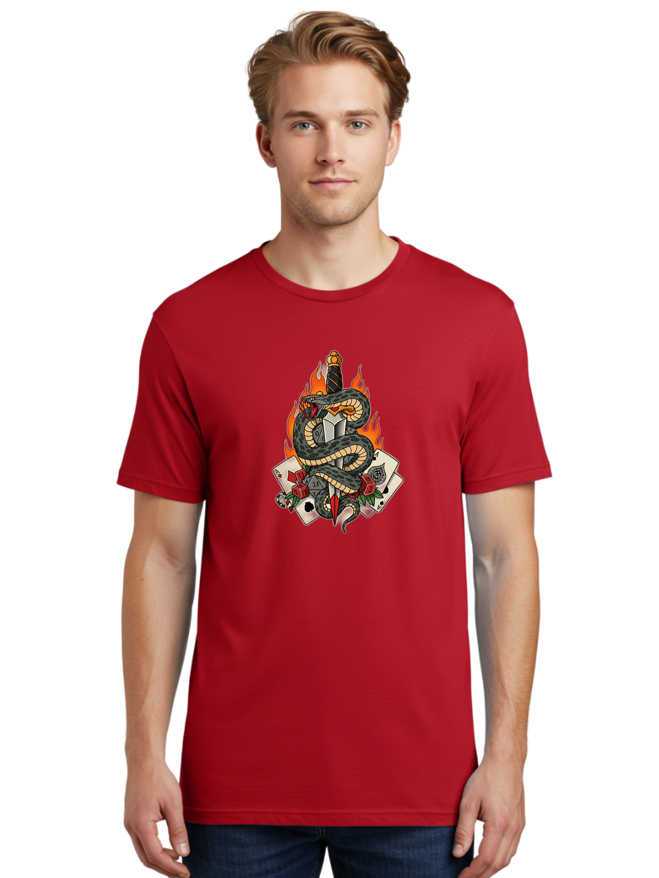 Snake-Dagger-Tattoo Men'S Graphic Tee, 100% Cotton, Comfortable Casual Summer Wear, Machine Washable, Snake Wrapped Dagger, Playing Cards, Red Dice, Skull, Flames, Tattoo Art, Traditional Tattoo, Bold Lines, Vibrant Colors, Dagger With Snake, Bad651 20