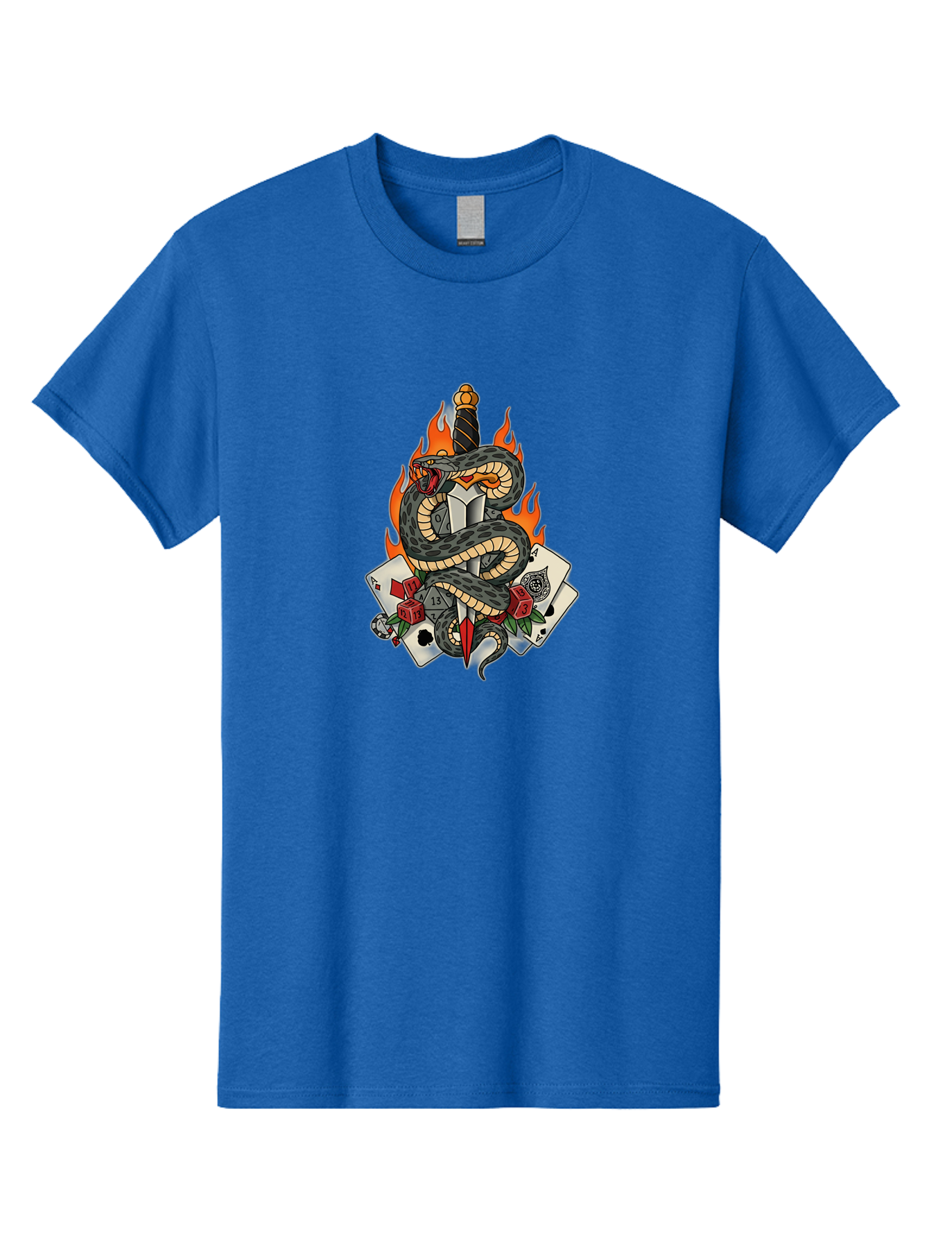 Snake-Dagger-Tattoo Men'S Graphic Tee, 100% Cotton, Comfortable Casual Summer Wear, Machine Washable, Snake Wrapped Dagger, Playing Cards, Red Dice, Skull, Flames, Tattoo Art, Traditional Tattoo, Bold Lines, Vibrant Colors, Dagger With Snake, Bad651 12