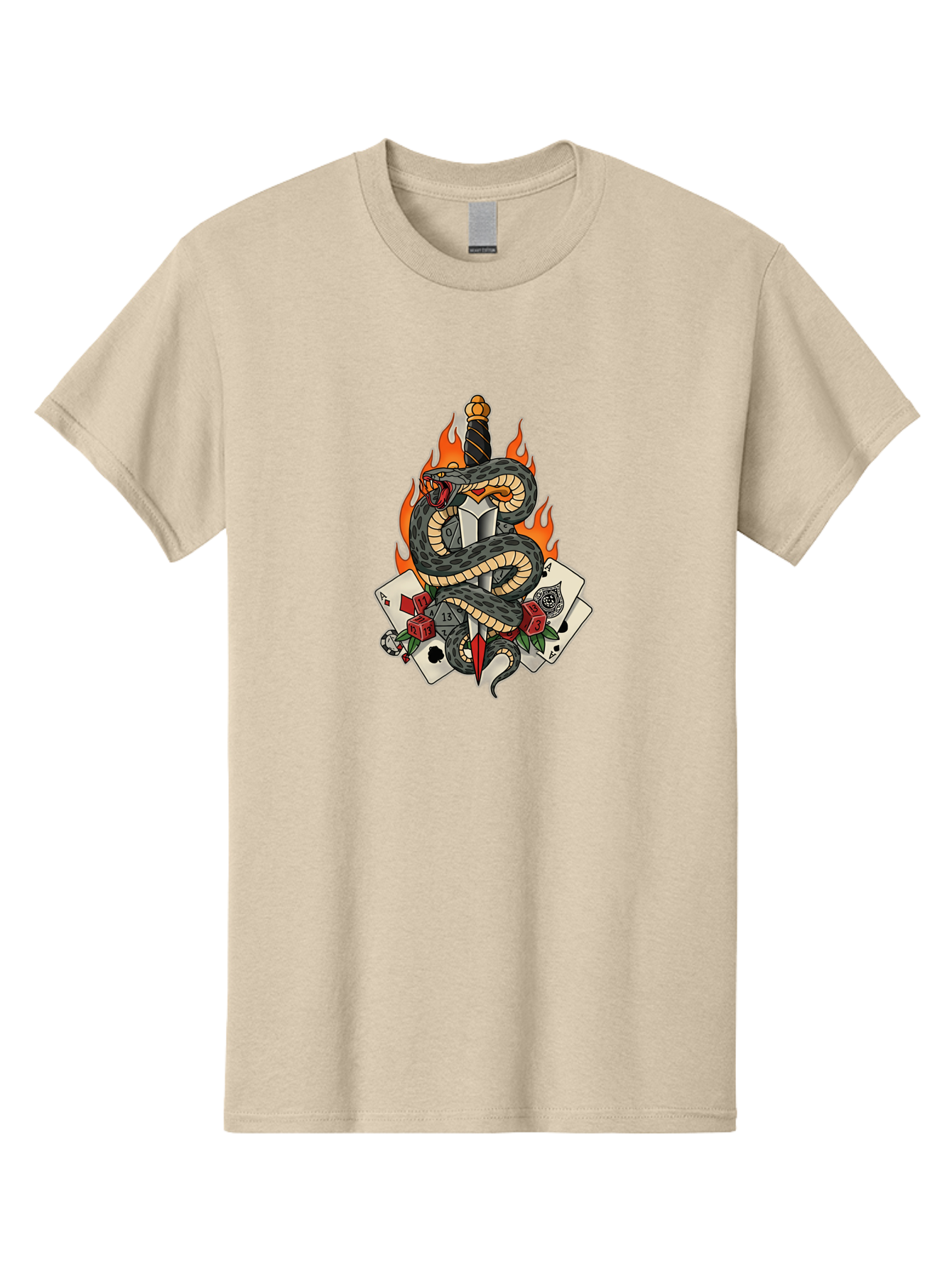 Snake-Dagger-Tattoo Men'S Graphic Tee, 100% Cotton, Comfortable Casual Summer Wear, Machine Washable, Snake Wrapped Dagger, Playing Cards, Red Dice, Skull, Flames, Tattoo Art, Traditional Tattoo, Bold Lines, Vibrant Colors, Dagger With Snake, Bad651 13