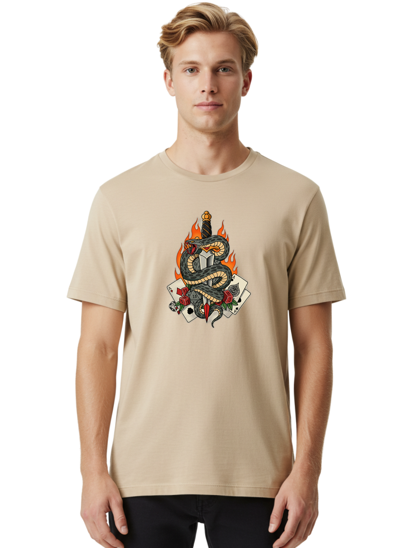 Snake-Dagger-Tattoo Men'S Graphic Tee, 100% Cotton, Comfortable Casual Summer Wear, Machine Washable, Snake Wrapped Dagger, Playing Cards, Red Dice, Skull, Flames, Tattoo Art, Traditional Tattoo, Bold Lines, Vibrant Colors, Dagger With Snake, Bad651 28