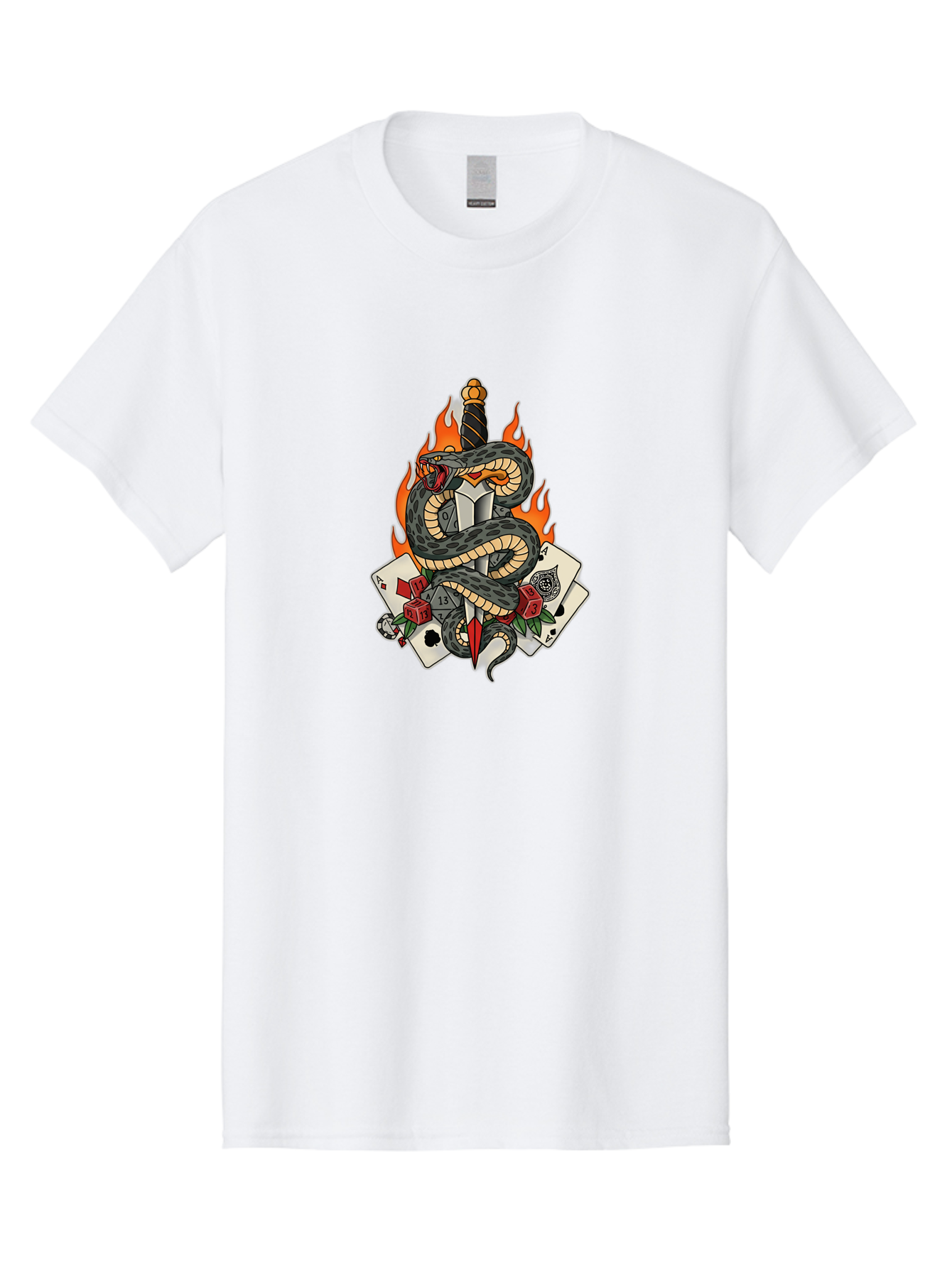 Snake-Dagger-Tattoo Men'S Graphic Tee, 100% Cotton, Comfortable Casual Summer Wear, Machine Washable, Snake Wrapped Dagger, Playing Cards, Red Dice, Skull, Flames, Tattoo Art, Traditional Tattoo, Bold Lines, Vibrant Colors, Dagger With Snake, Bad651 9