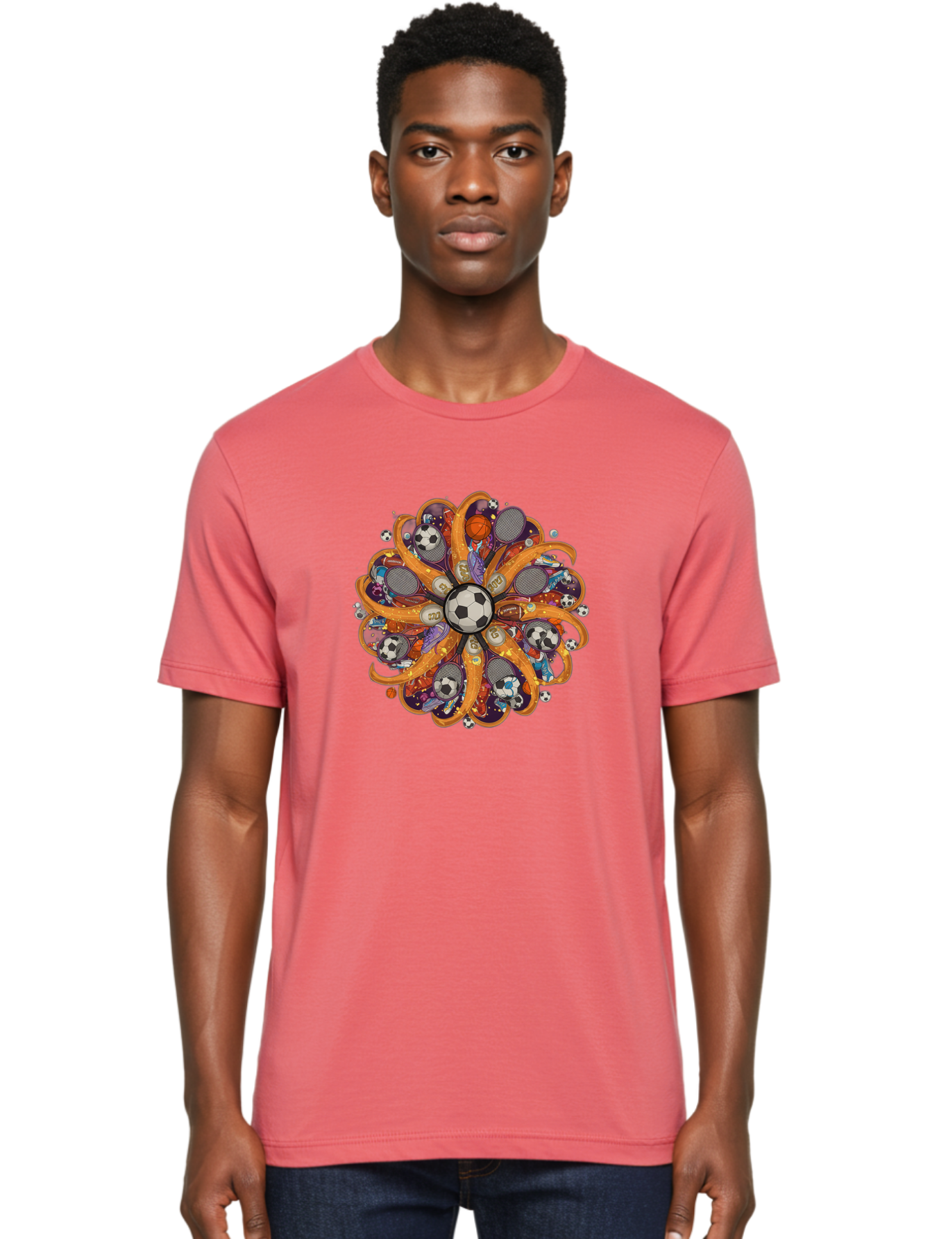 Soccer-Ball-Mandala Men'S Graphic Tee, 100% Cotton, Comfortable Casual Summer Wear, Machine Washable, Soccer Ball, Sports Equipment, Basketballs, Tennis Rackets, Athletic Gear, Vibrant Colors, Dynamic Design, Floral Pattern, Bad654 19