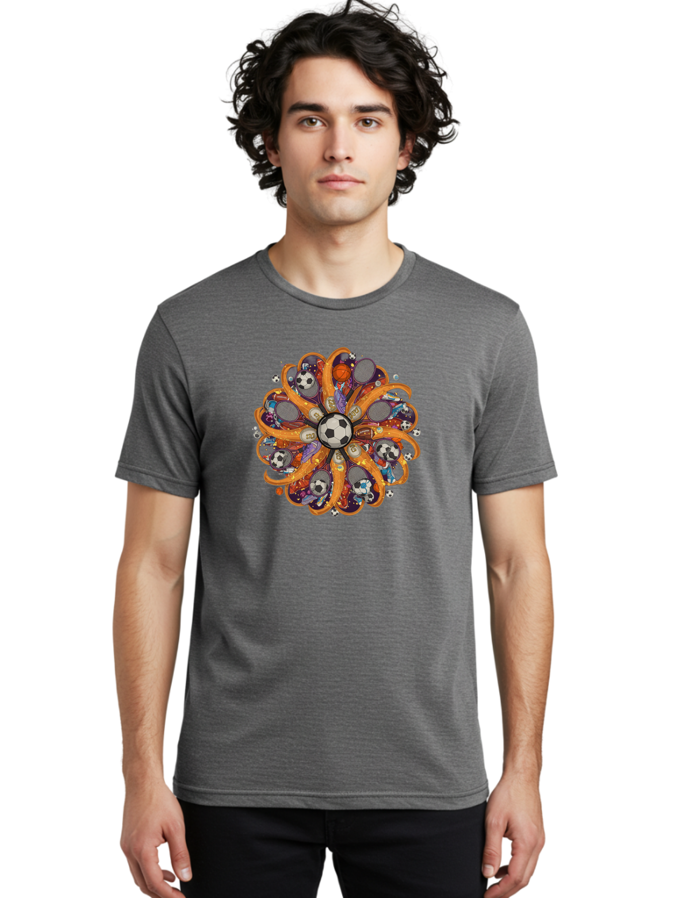 Soccer-Ball-Mandala Men'S Graphic Tee, 100% Cotton, Comfortable Casual Summer Wear, Machine Washable, Soccer Ball, Sports Equipment, Basketballs, Tennis Rackets, Athletic Gear, Vibrant Colors, Dynamic Design, Floral Pattern, Bad654 29
