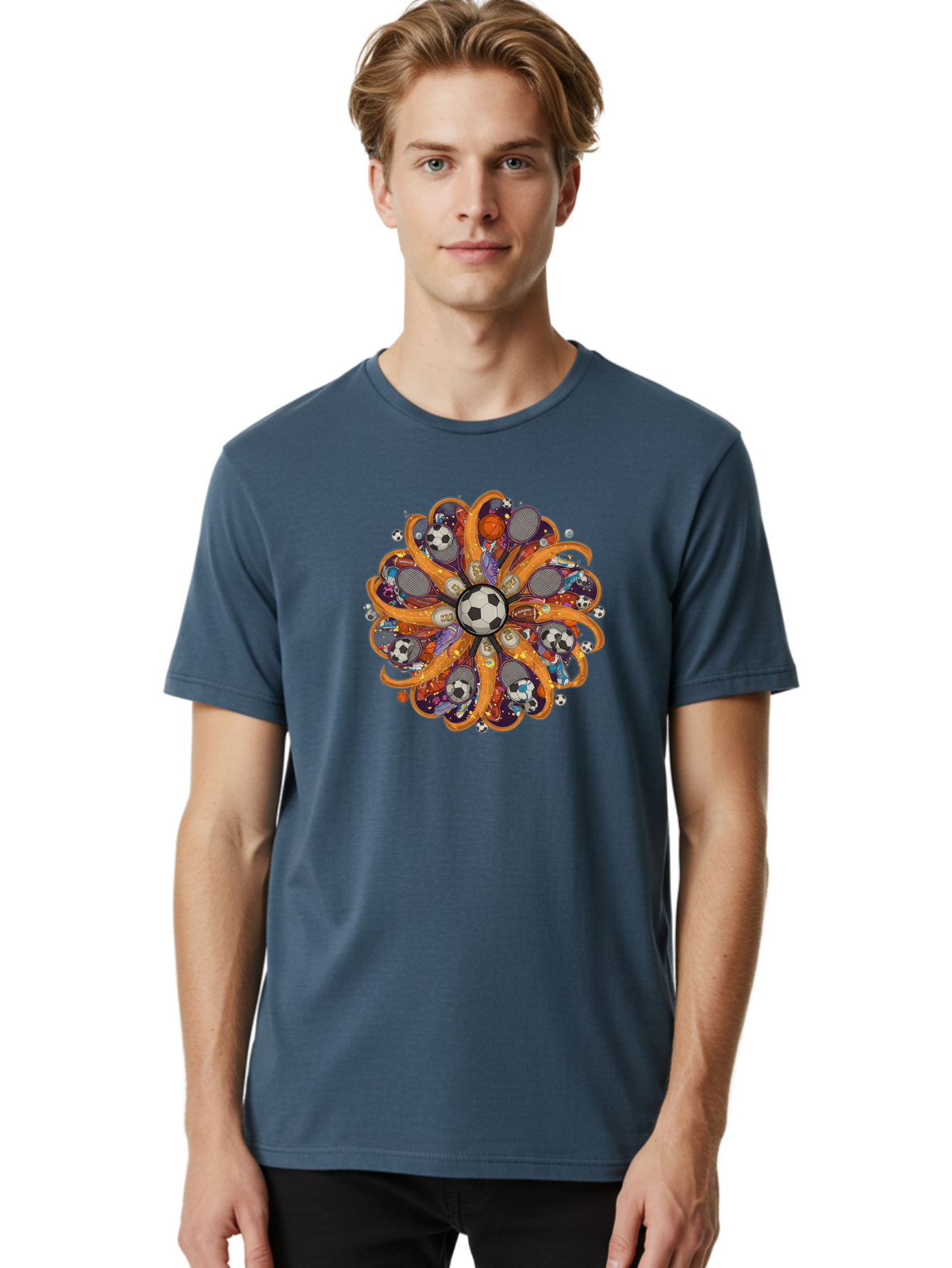 Soccer-Ball-Mandala Men'S Graphic Tee, 100% Cotton, Comfortable Casual Summer Wear, Machine Washable, Soccer Ball, Sports Equipment, Basketballs, Tennis Rackets, Athletic Gear, Vibrant Colors, Dynamic Design, Floral Pattern, Bad654 26