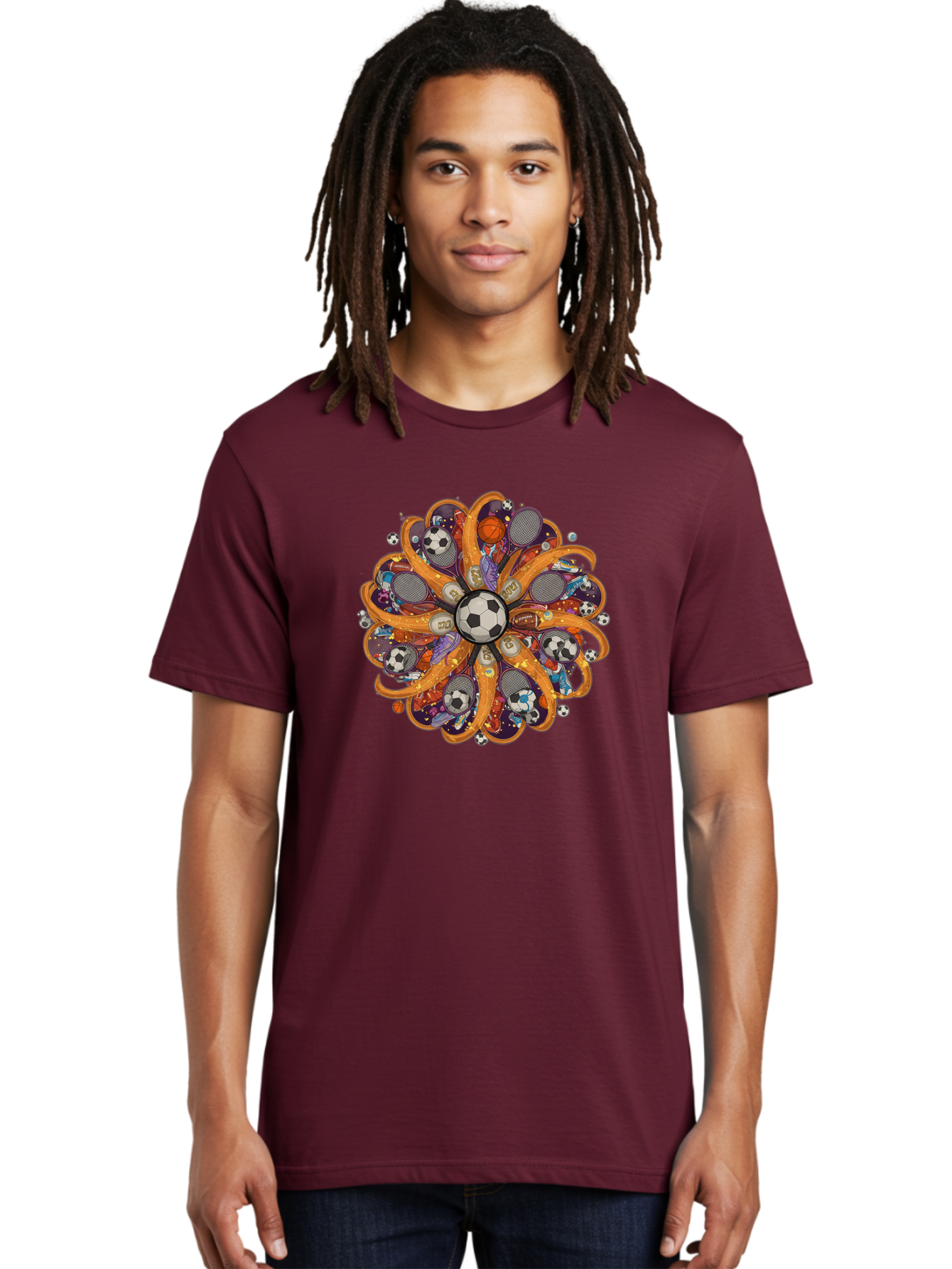 Soccer-Ball-Mandala Men'S Graphic Tee, 100% Cotton, Comfortable Casual Summer Wear, Machine Washable, Soccer Ball, Sports Equipment, Basketballs, Tennis Rackets, Athletic Gear, Vibrant Colors, Dynamic Design, Floral Pattern, Bad654 24
