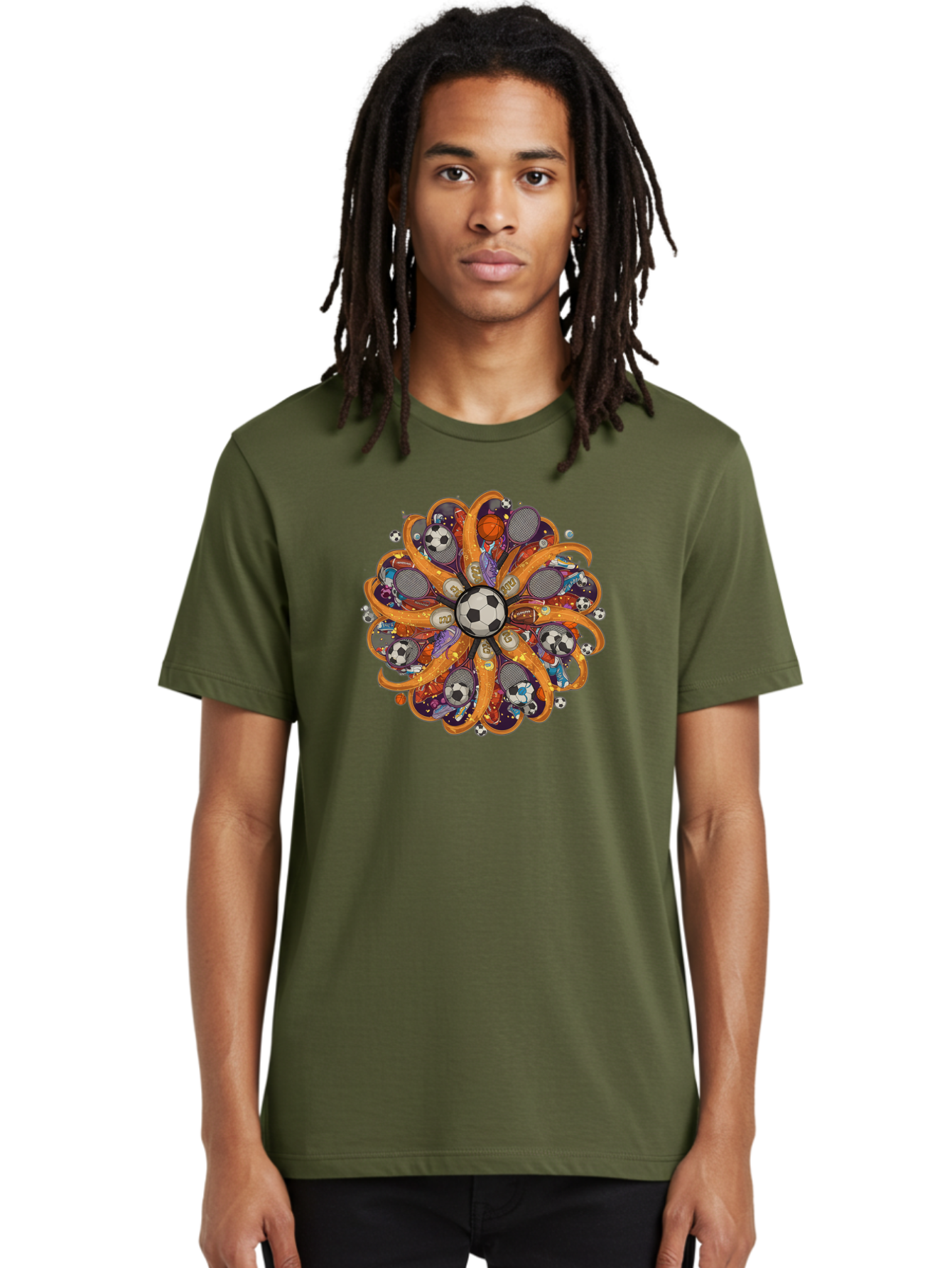 Soccer-Ball-Mandala Men'S Graphic Tee, 100% Cotton, Comfortable Casual Summer Wear, Machine Washable, Soccer Ball, Sports Equipment, Basketballs, Tennis Rackets, Athletic Gear, Vibrant Colors, Dynamic Design, Floral Pattern, Bad654 28