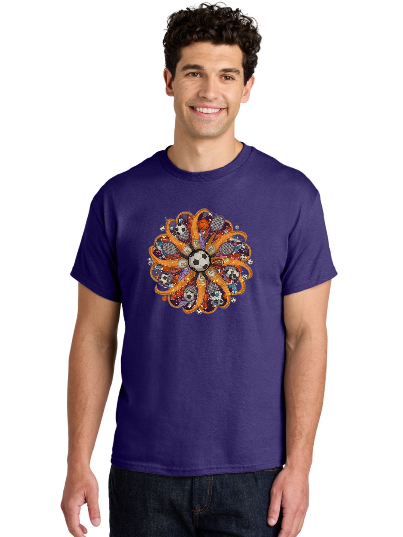Soccer-Ball-Mandala Men'S Graphic Tee, 100% Cotton, Comfortable Casual Summer Wear, Machine Washable, Soccer Ball, Sports Equipment, Basketballs, Tennis Rackets, Athletic Gear, Vibrant Colors, Dynamic Design, Floral Pattern, Bad654 21