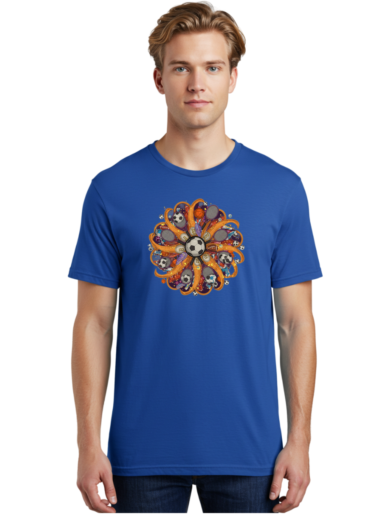 Soccer-Ball-Mandala Men'S Graphic Tee, 100% Cotton, Comfortable Casual Summer Wear, Machine Washable, Soccer Ball, Sports Equipment, Basketballs, Tennis Rackets, Athletic Gear, Vibrant Colors, Dynamic Design, Floral Pattern, Bad654 25