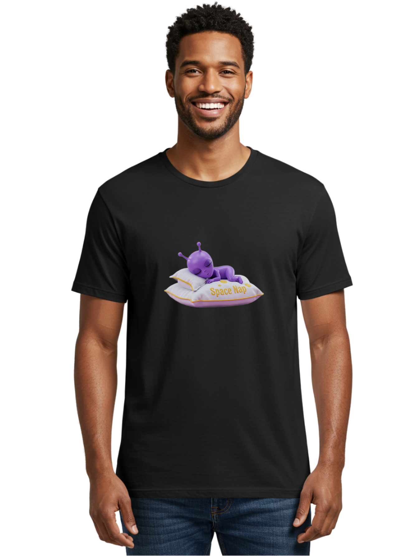 Space-Nap Men'S Graphic Tee, 100% Cotton, Comfortable Casual Summer Wear, Machine Washable, Purple Alien Sleeping On Pillow, Space Nap, Cartoon Character, 3D Illustration, Funny Alien, Resting In Space, Cute Extraterrestrial, Bad673 21