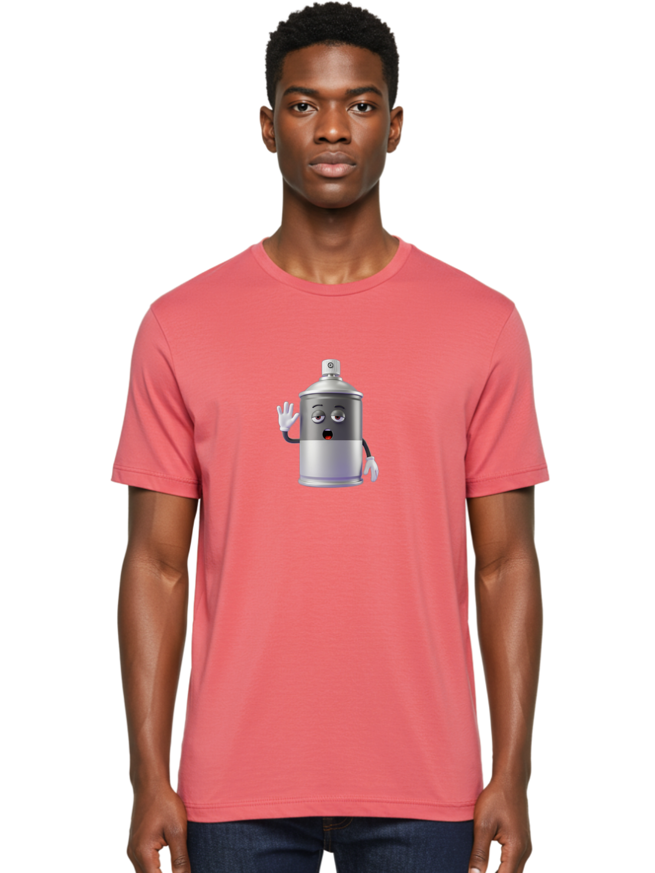 Spray-Can-Character-2 Men'S Graphic Tee, 100% Cotton, Comfortable Casual Summer Wear, Machine Washable, Funny Cartoon Character, Anthropomorphic Spray Can, Gray And White, Waving Hand, Cute Face, Black Eyes, Red Mouth, Bad687 24