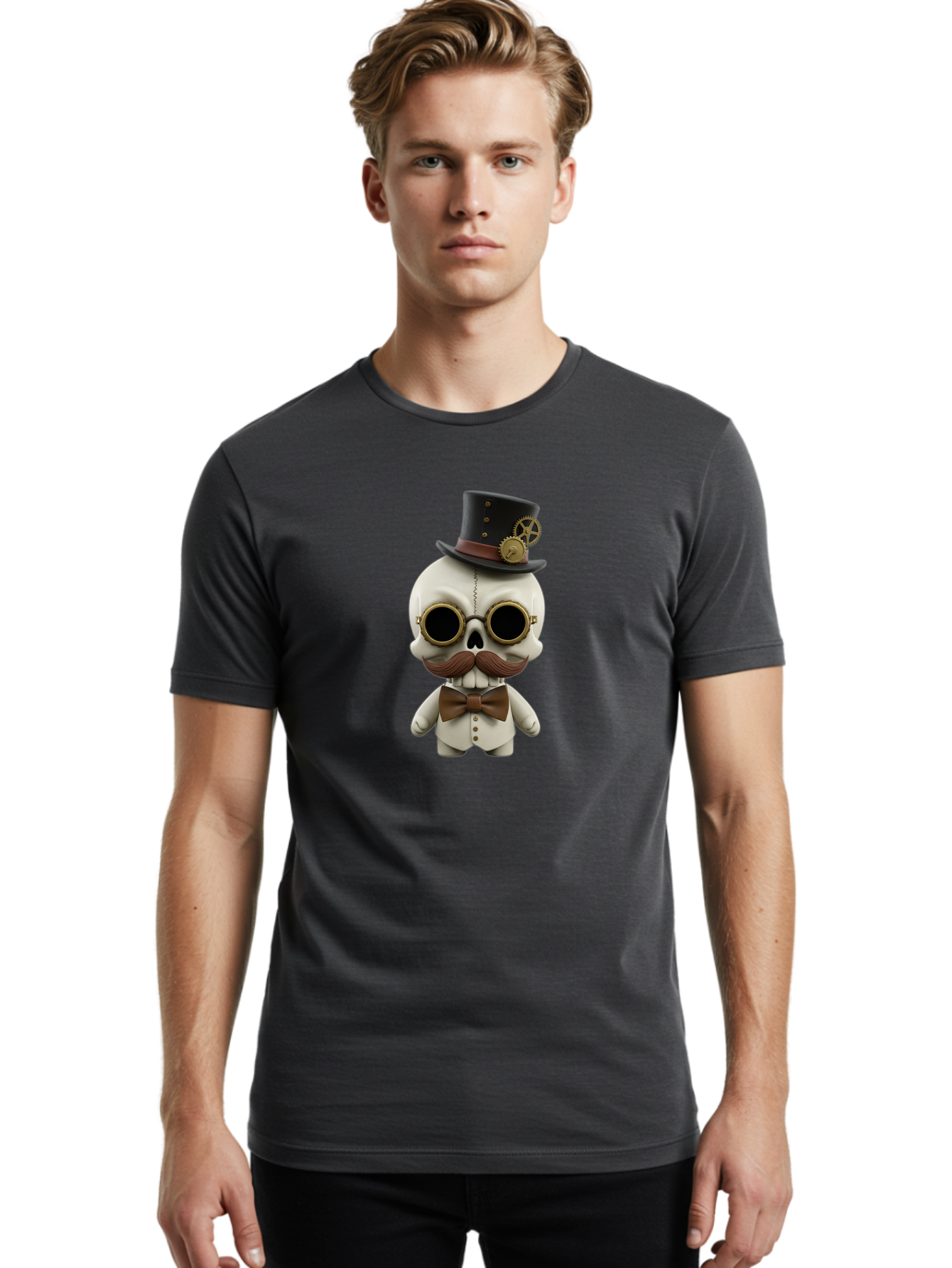 Steampunk-Skeleton Men'S Graphic Tee, 100% Cotton, Comfortable Casual Summer Wear, Machine Washable, Steampunk Skull, Skeleton Character, Vintage Goggles, Top Hat, Bow Tie, Mechanical Gear, Steampunk Style, Gothic Fashion, Unique Accessory, Bad719 27