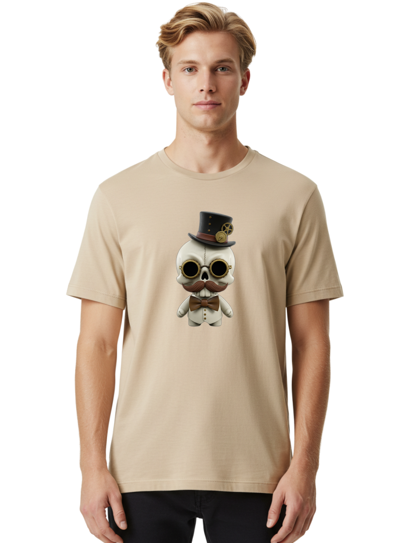 Steampunk-Skeleton Men'S Graphic Tee, 100% Cotton, Comfortable Casual Summer Wear, Machine Washable, Steampunk Skull, Skeleton Character, Vintage Goggles, Top Hat, Bow Tie, Mechanical Gear, Steampunk Style, Gothic Fashion, Unique Accessory, Bad719 28