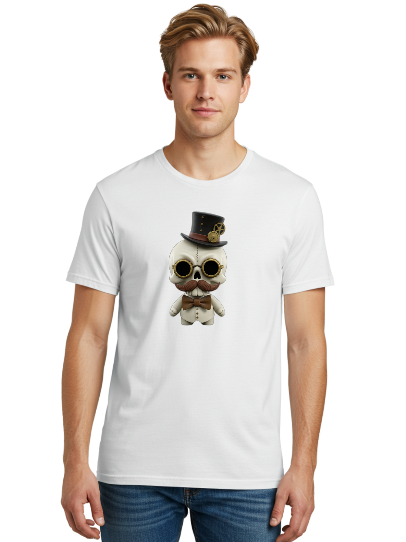 Steampunk-Skeleton Men'S Graphic Tee, 100% Cotton, Comfortable Casual Summer Wear, Machine Washable, Steampunk Skull, Skeleton Character, Vintage Goggles, Top Hat, Bow Tie, Mechanical Gear, Steampunk Style, Gothic Fashion, Unique Accessory, Bad719 16