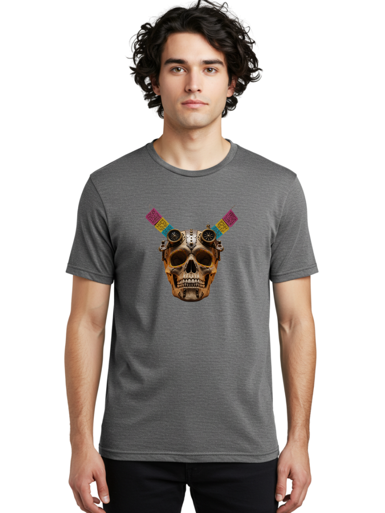 Steampunk-Skull Men'S Graphic Tee, 100% Cotton, Comfortable Casual Summer Wear, Machine Washable, Steampunk Artwork, Skull With Goggles, Mechanical Components, Colorful Banners, Day Of The Dead, Steampunk Fashion, Alternative Art, Bad720 29