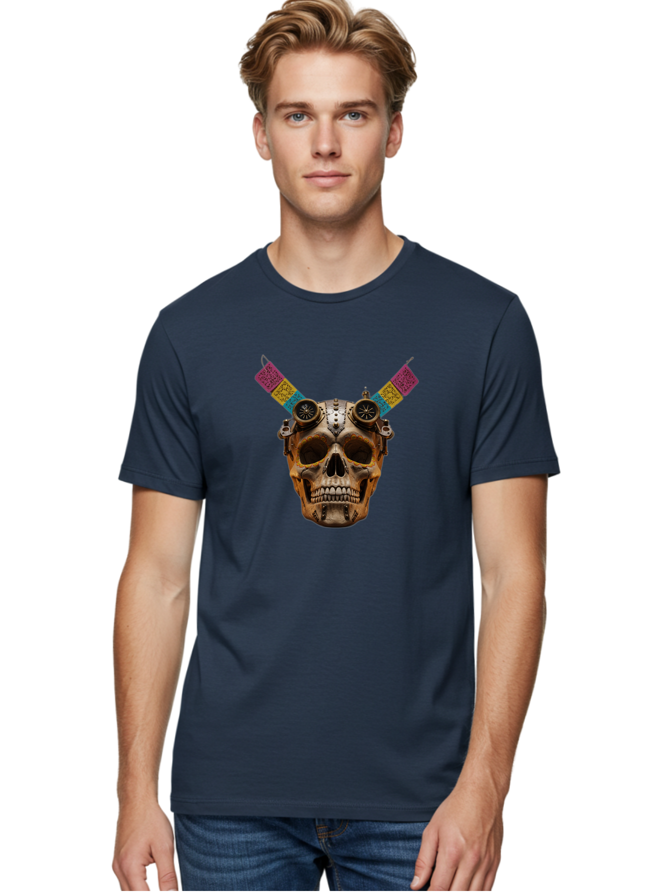Steampunk-Skull Men'S Graphic Tee, 100% Cotton, Comfortable Casual Summer Wear, Machine Washable, Steampunk Artwork, Skull With Goggles, Mechanical Components, Colorful Banners, Day Of The Dead, Steampunk Fashion, Alternative Art, Bad720 23