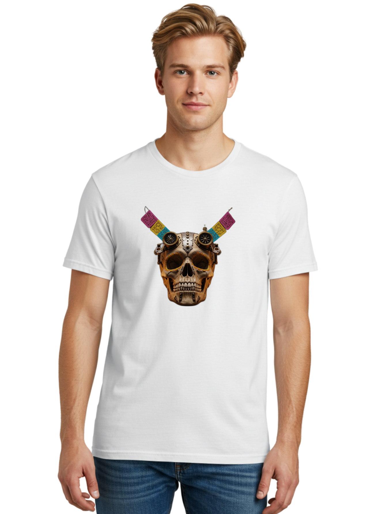 Steampunk-Skull Men'S Graphic Tee, 100% Cotton, Comfortable Casual Summer Wear, Machine Washable, Steampunk Artwork, Skull With Goggles, Mechanical Components, Colorful Banners, Day Of The Dead, Steampunk Fashion, Alternative Art, Bad720 26