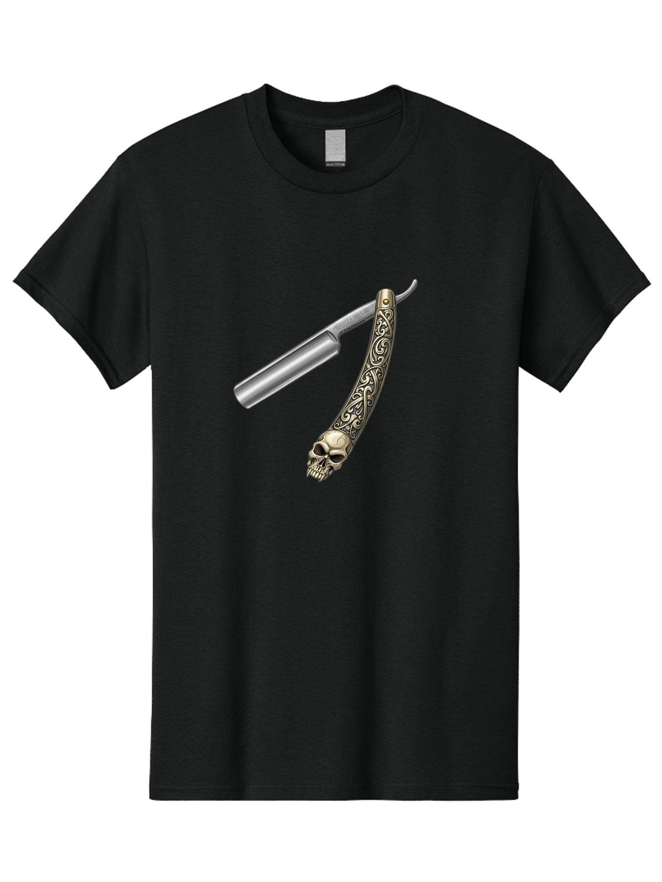 Straight-Razor-With-Skull Men'S Graphic Tee, 100% Cotton, Comfortable Casual Summer Wear, Machine Washable, Straight Razor, Skull Handle, Ornate Design, Vintage Style, Metal Craftsmanship, Traditional Shaving, Edgy Grooming, Unique Accessory Bad736 10