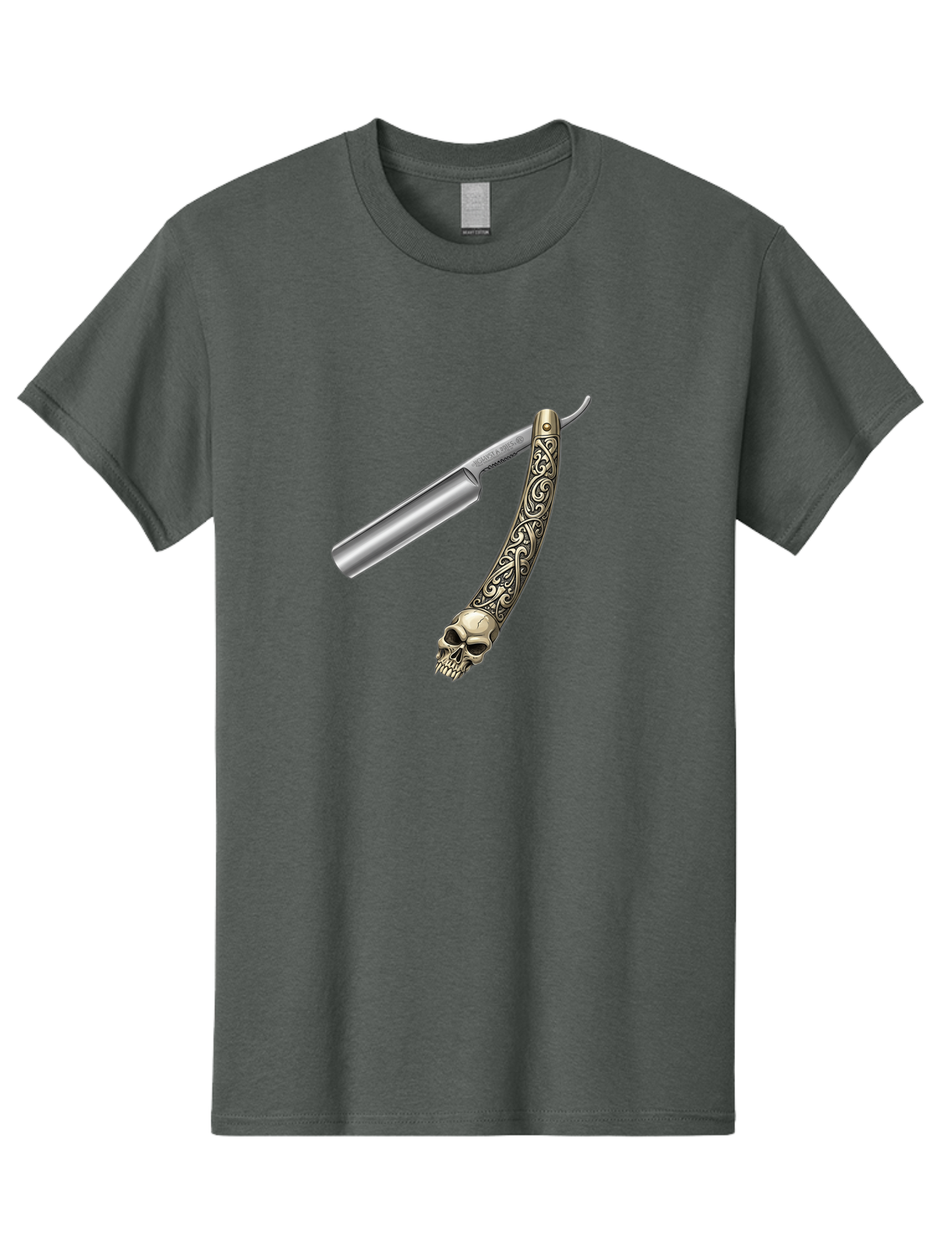 Straight-Razor-With-Skull Men'S Graphic Tee, 100% Cotton, Comfortable Casual Summer Wear, Machine Washable, Straight Razor, Skull Handle, Ornate Design, Vintage Style, Metal Craftsmanship, Traditional Shaving, Edgy Grooming, Unique Accessory Bad736 15