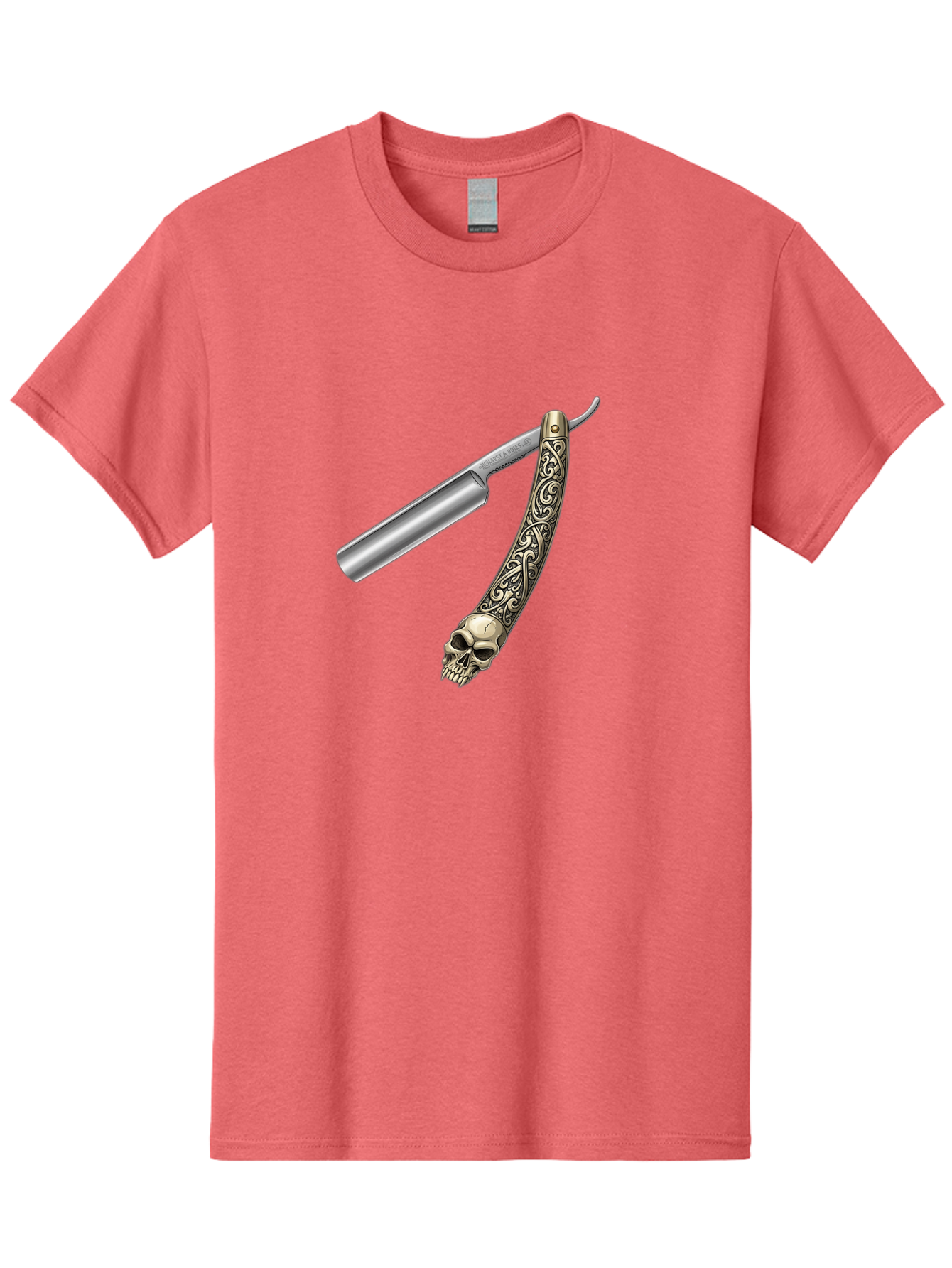 Straight-Razor-With-Skull Men'S Graphic Tee, 100% Cotton, Comfortable Casual Summer Wear, Machine Washable, Straight Razor, Skull Handle, Ornate Design, Vintage Style, Metal Craftsmanship, Traditional Shaving, Edgy Grooming, Unique Accessory Bad736 1