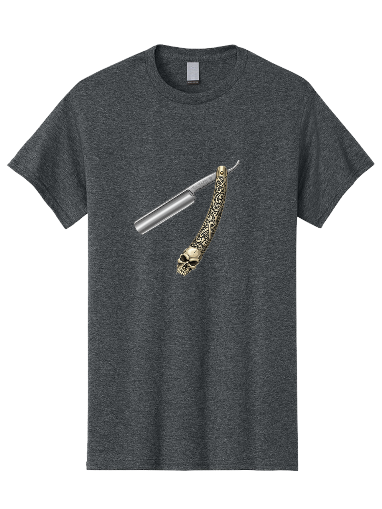 Straight-Razor-With-Skull Men'S Graphic Tee, 100% Cotton, Comfortable Casual Summer Wear, Machine Washable, Straight Razor, Skull Handle, Ornate Design, Vintage Style, Metal Craftsmanship, Traditional Shaving, Edgy Grooming, Unique Accessory Bad736 11