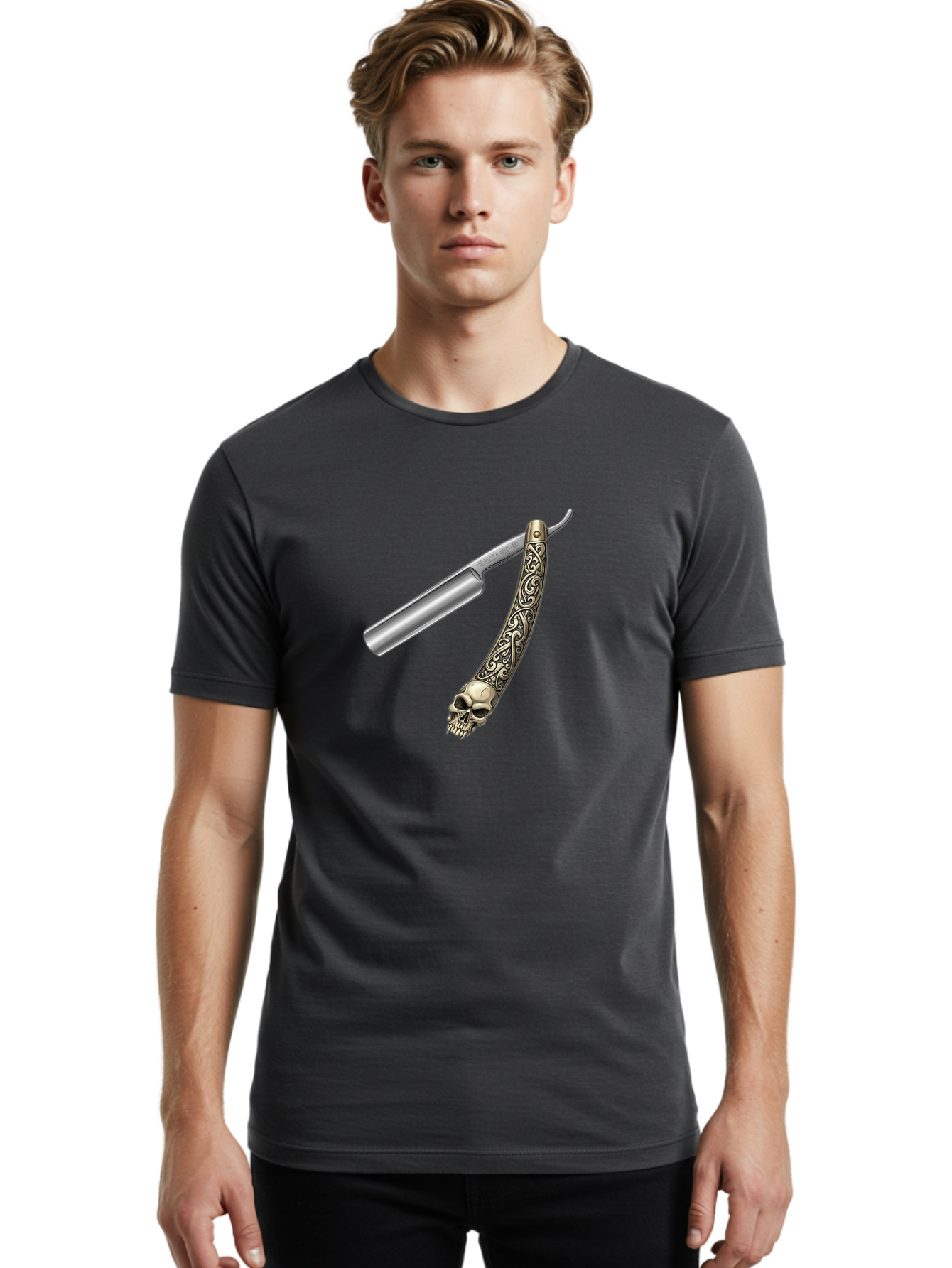 Straight-Razor-With-Skull Men'S Graphic Tee, 100% Cotton, Comfortable Casual Summer Wear, Machine Washable, Straight Razor, Skull Handle, Ornate Design, Vintage Style, Metal Craftsmanship, Traditional Shaving, Edgy Grooming, Unique Accessory Bad736 26