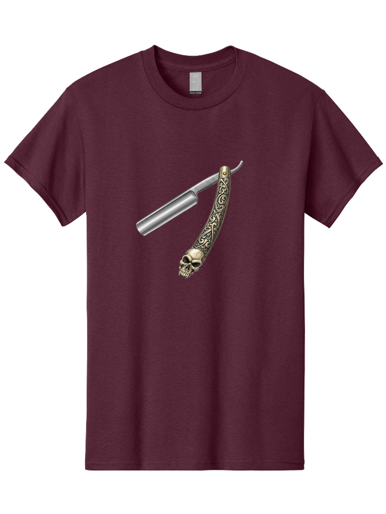Straight-Razor-With-Skull Men'S Graphic Tee, 100% Cotton, Comfortable Casual Summer Wear, Machine Washable, Straight Razor, Skull Handle, Ornate Design, Vintage Style, Metal Craftsmanship, Traditional Shaving, Edgy Grooming, Unique Accessory Bad736 3