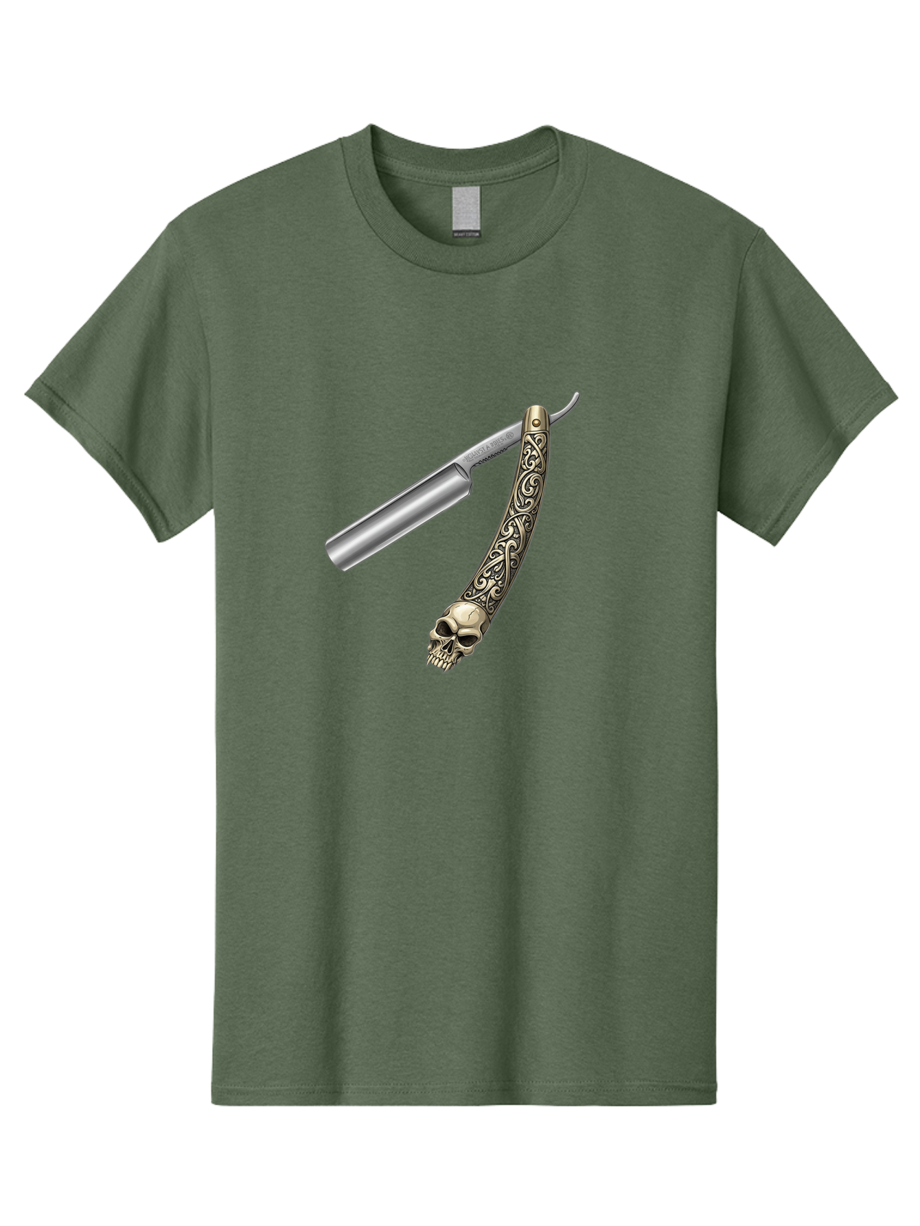 Straight-Razor-With-Skull Men'S Graphic Tee, 100% Cotton, Comfortable Casual Summer Wear, Machine Washable, Straight Razor, Skull Handle, Ornate Design, Vintage Style, Metal Craftsmanship, Traditional Shaving, Edgy Grooming, Unique Accessory Bad736 14