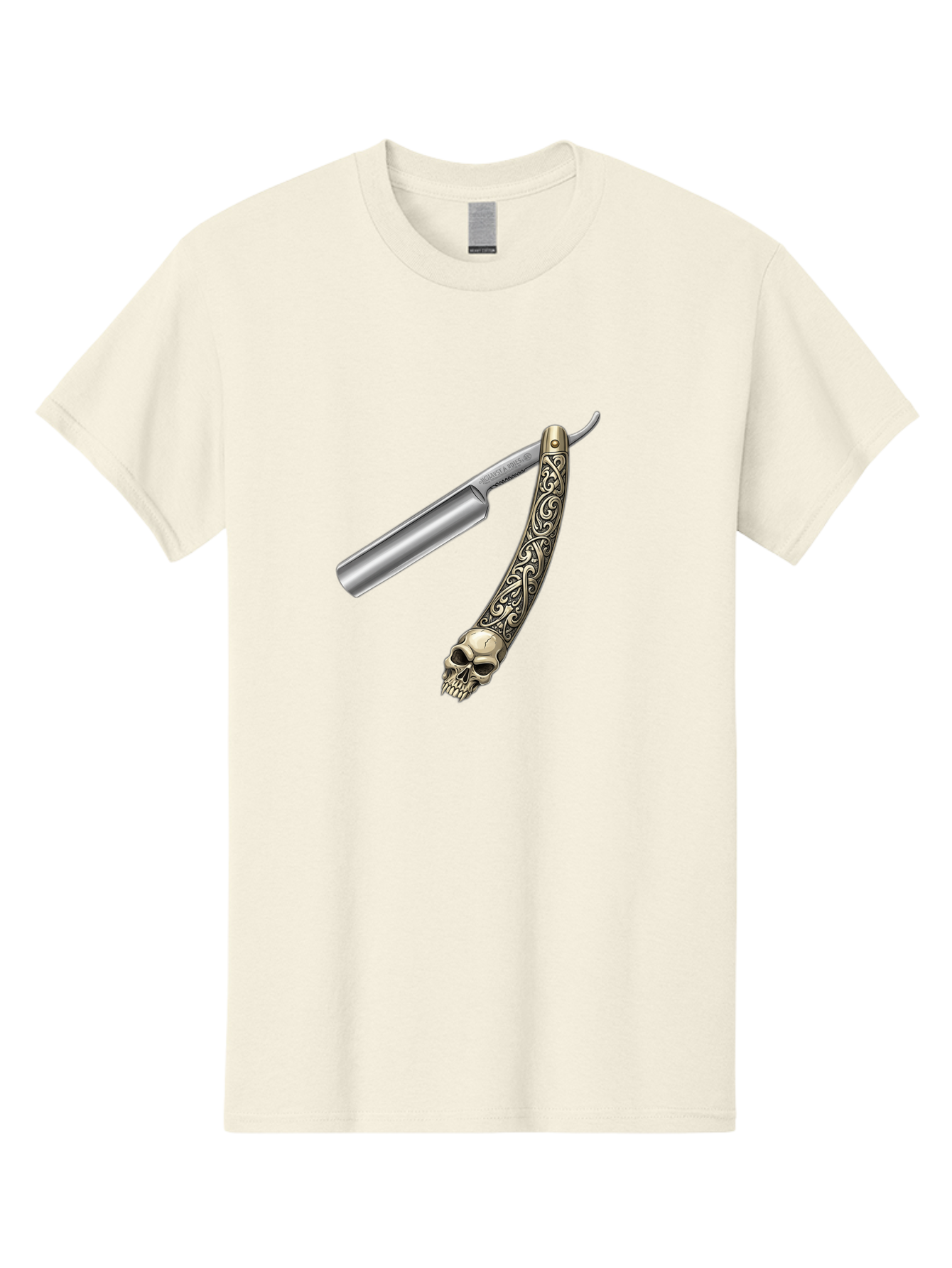 Straight-Razor-With-Skull Men'S Graphic Tee, 100% Cotton, Comfortable Casual Summer Wear, Machine Washable, Straight Razor, Skull Handle, Ornate Design, Vintage Style, Metal Craftsmanship, Traditional Shaving, Edgy Grooming, Unique Accessory Bad736 12