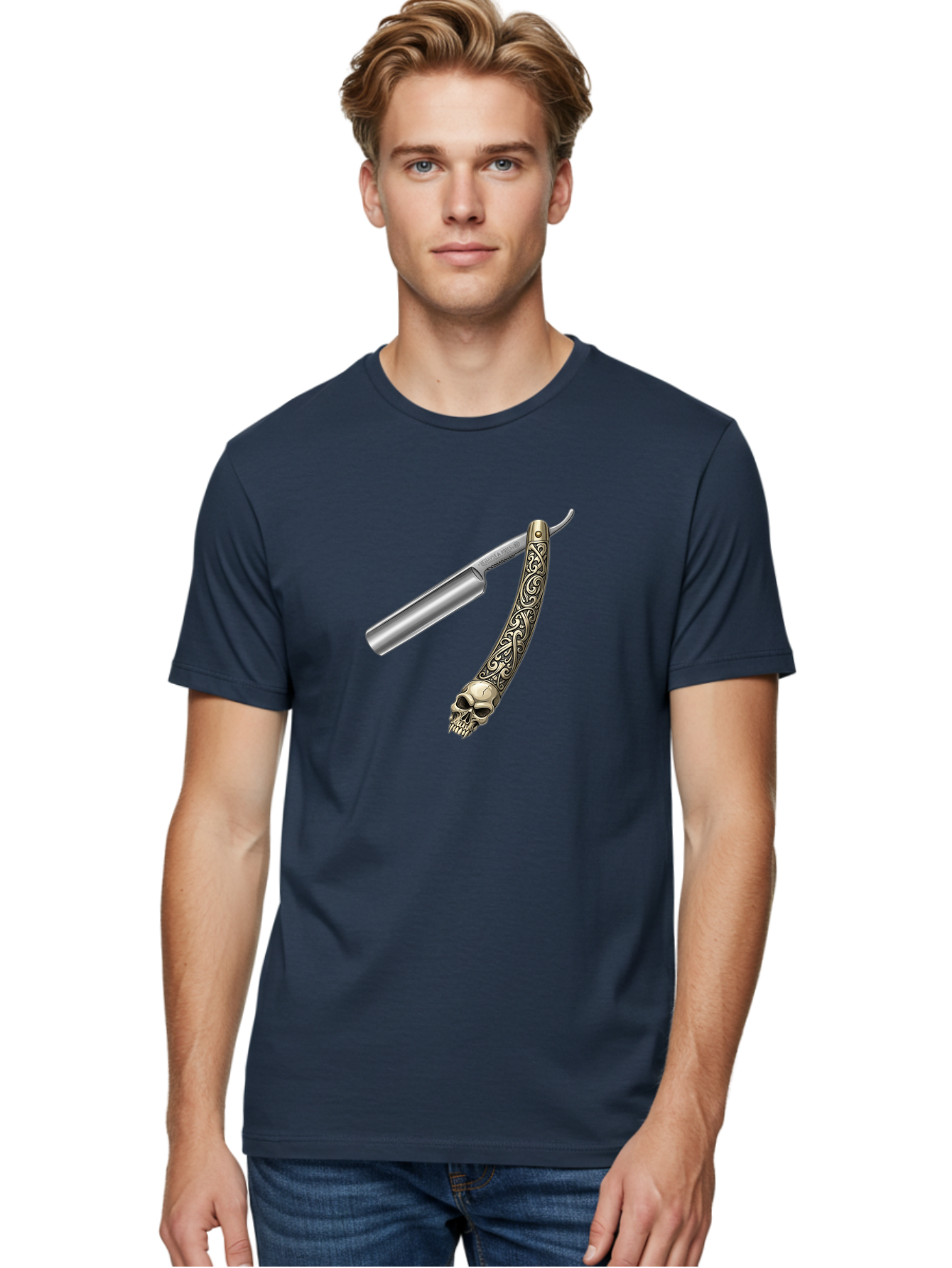 Straight-Razor-With-Skull Men'S Graphic Tee, 100% Cotton, Comfortable Casual Summer Wear, Machine Washable, Straight Razor, Skull Handle, Ornate Design, Vintage Style, Metal Craftsmanship, Traditional Shaving, Edgy Grooming, Unique Accessory Bad736 20