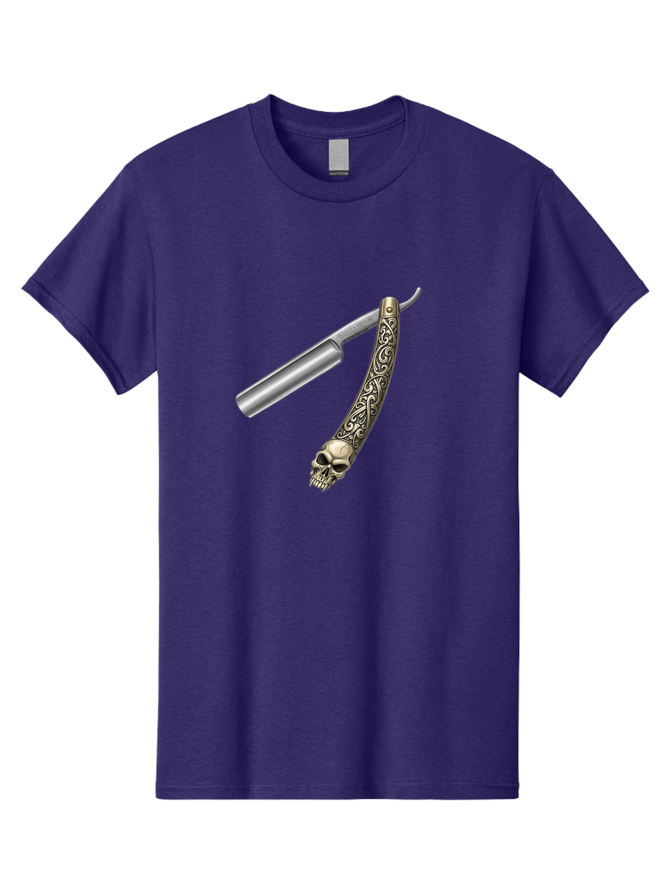 Straight-Razor-With-Skull Men'S Graphic Tee, 100% Cotton, Comfortable Casual Summer Wear, Machine Washable, Straight Razor, Skull Handle, Ornate Design, Vintage Style, Metal Craftsmanship, Traditional Shaving, Edgy Grooming, Unique Accessory Bad736 9