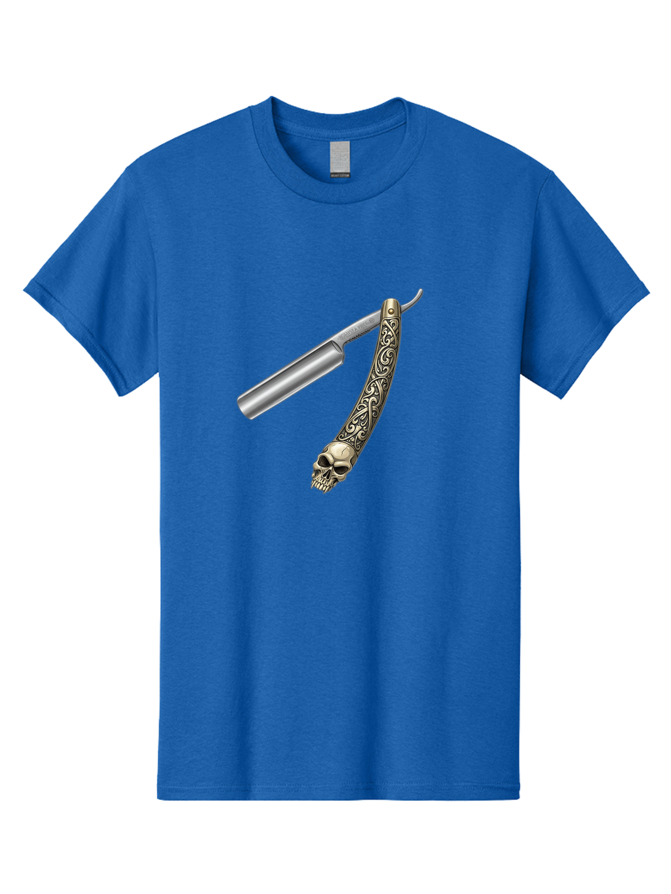 Straight-Razor-With-Skull Men'S Graphic Tee, 100% Cotton, Comfortable Casual Summer Wear, Machine Washable, Straight Razor, Skull Handle, Ornate Design, Vintage Style, Metal Craftsmanship, Traditional Shaving, Edgy Grooming, Unique Accessory Bad736 2