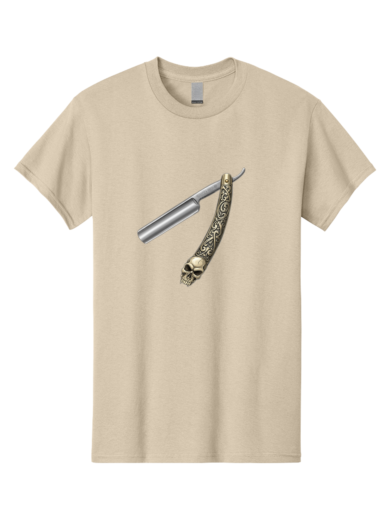 Straight-Razor-With-Skull Men'S Graphic Tee, 100% Cotton, Comfortable Casual Summer Wear, Machine Washable, Straight Razor, Skull Handle, Ornate Design, Vintage Style, Metal Craftsmanship, Traditional Shaving, Edgy Grooming, Unique Accessory Bad736 8