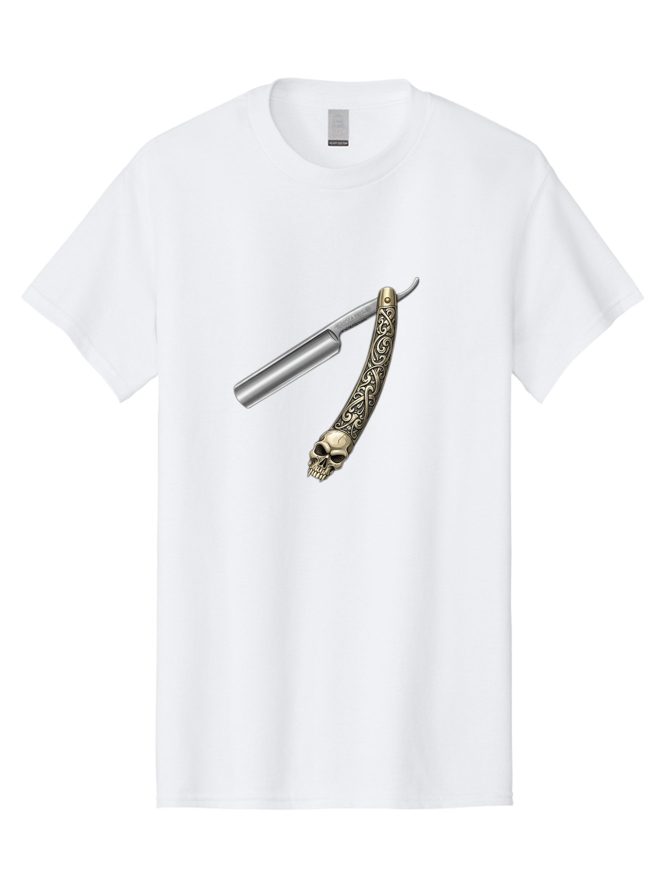 Straight-Razor-With-Skull Men'S Graphic Tee, 100% Cotton, Comfortable Casual Summer Wear, Machine Washable, Straight Razor, Skull Handle, Ornate Design, Vintage Style, Metal Craftsmanship, Traditional Shaving, Edgy Grooming, Unique Accessory Bad736 13