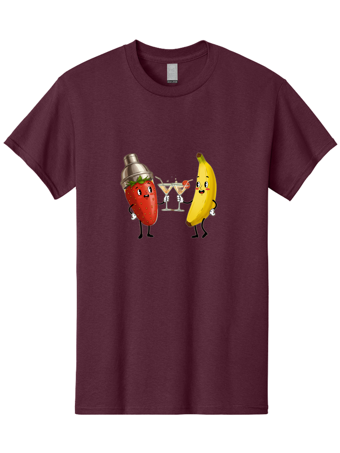 Strawberry-Banana-Cocktail Men'S Graphic Tee, 100% Cotton, Comfortable Casual Summer Wear, Machine Washable, Cartoon Strawberry, Cocktail Shaker, Martini Glasses, Banana Character, Fruit Cocktail, Funny Illustration, Animated Fruit, Bad738 3