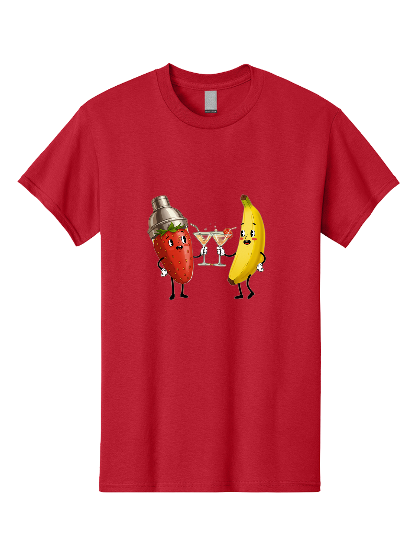 Strawberry-Banana-Cocktail Men'S Graphic Tee, 100% Cotton, Comfortable Casual Summer Wear, Machine Washable, Cartoon Strawberry, Cocktail Shaker, Martini Glasses, Banana Character, Fruit Cocktail, Funny Illustration, Animated Fruit, Bad738 4