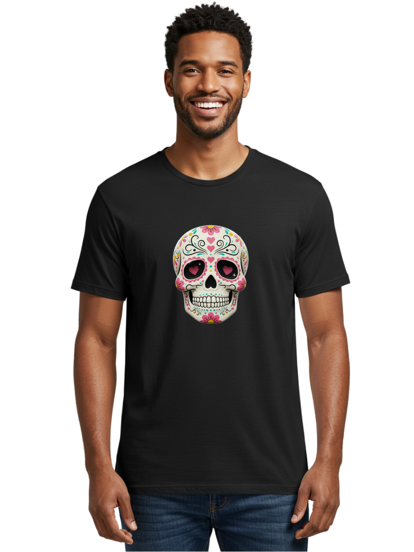 Sugar-Skull-1 Men'S Graphic Tee, 100% Cotton, Comfortable Casual Summer Wear, Machine Washable, Sugar Skull, Day Of The Dead, Floral Designs, Heart-Shaped Eyes, Vibrant Colors, Festive Decoration, Mexican Culture, Intricate Patterns, Skull Art Bad758 16