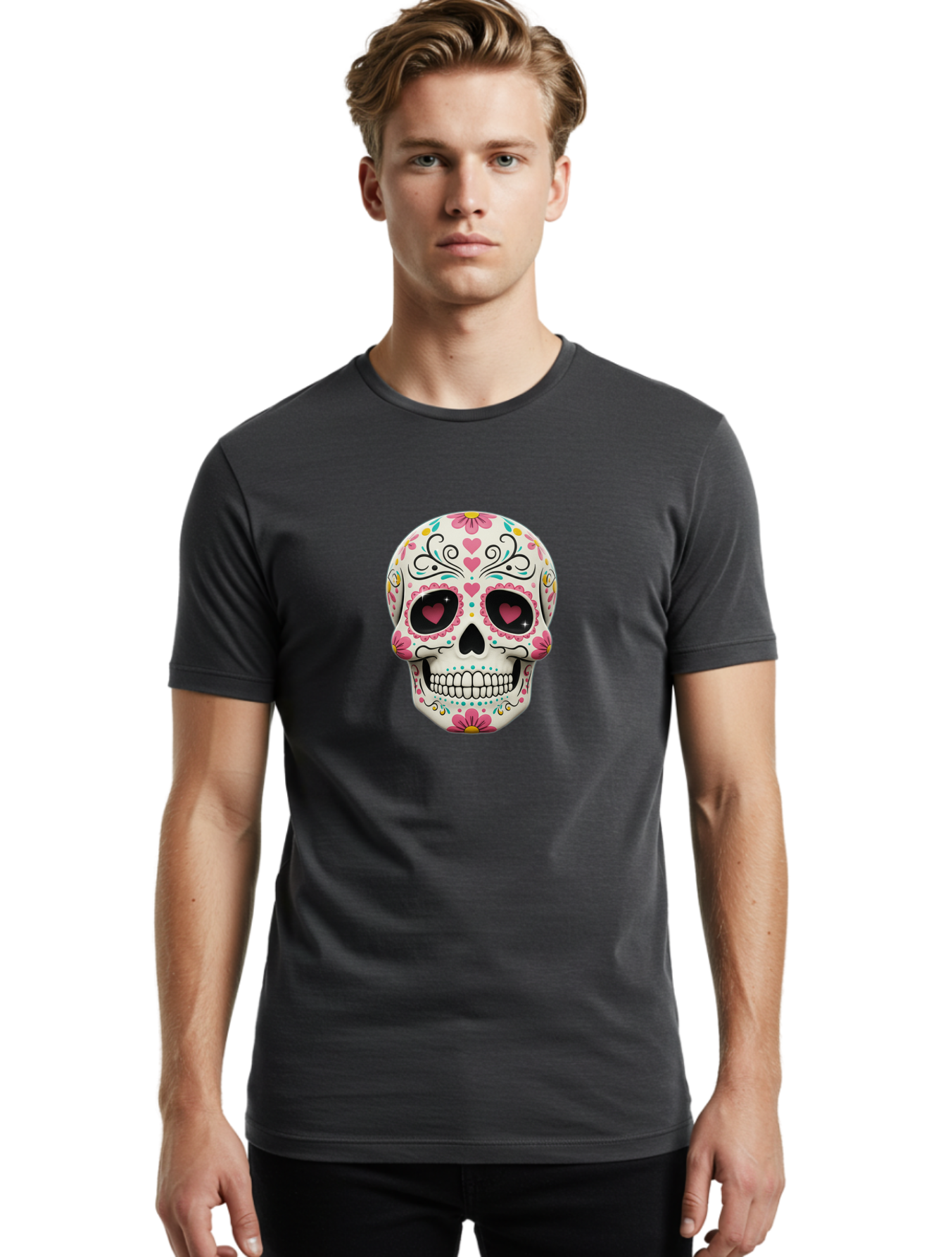 Sugar-Skull-1 Men'S Graphic Tee, 100% Cotton, Comfortable Casual Summer Wear, Machine Washable, Sugar Skull, Day Of The Dead, Floral Designs, Heart-Shaped Eyes, Vibrant Colors, Festive Decoration, Mexican Culture, Intricate Patterns, Skull Art Bad758 19
