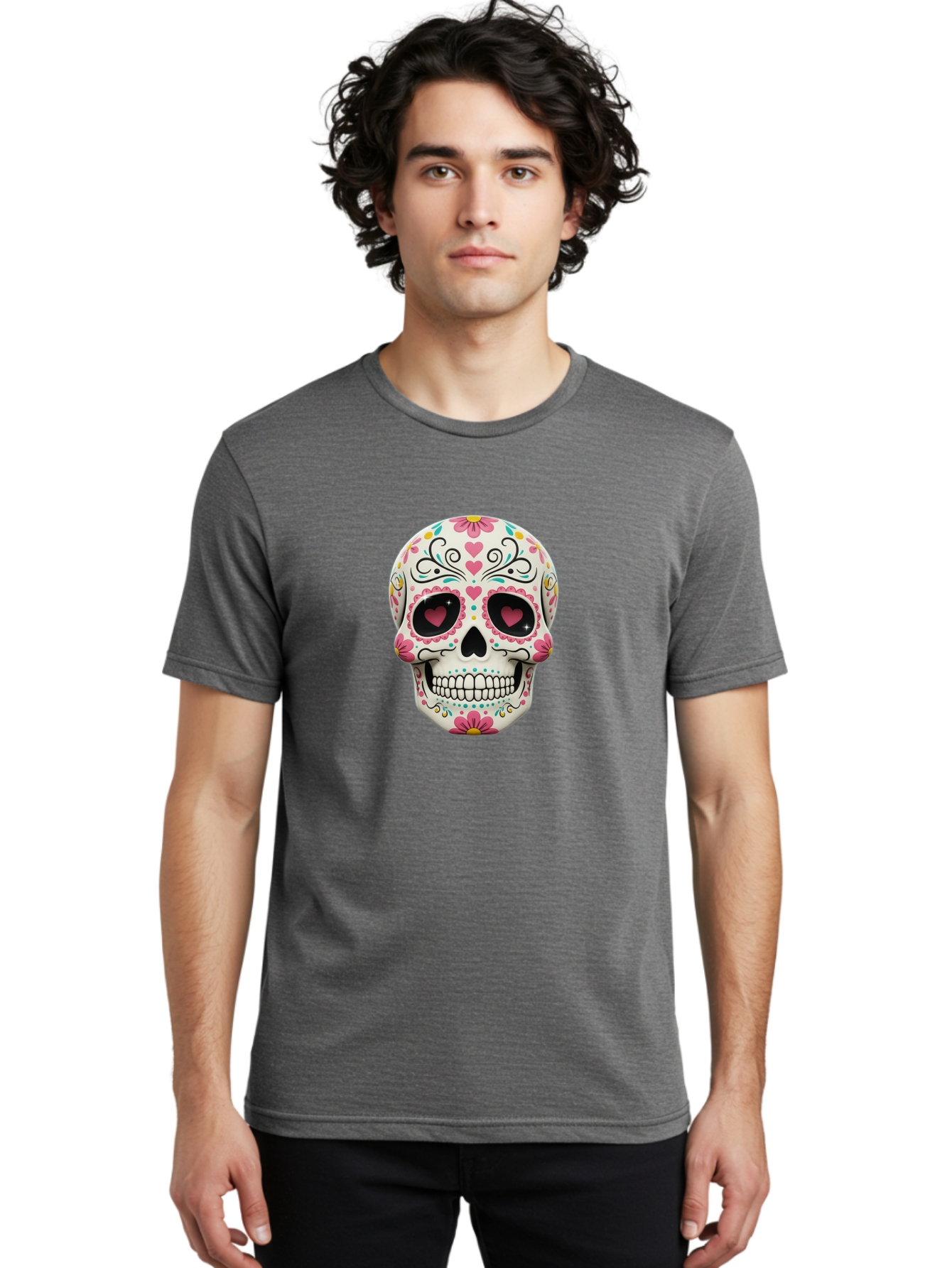 Sugar-Skull-1 Men'S Graphic Tee, 100% Cotton, Comfortable Casual Summer Wear, Machine Washable, Sugar Skull, Day Of The Dead, Floral Designs, Heart-Shaped Eyes, Vibrant Colors, Festive Decoration, Mexican Culture, Intricate Patterns, Skull Art Bad758 28
