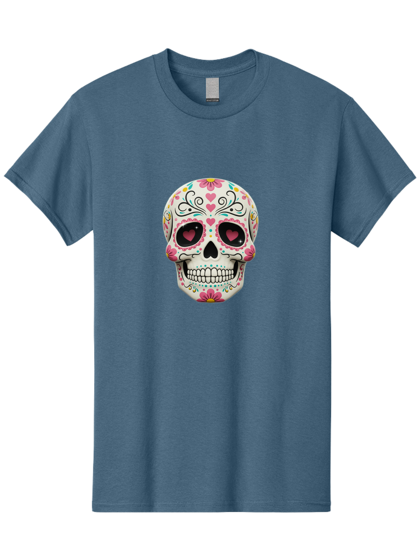 Sugar-Skull-1 Men'S Graphic Tee, 100% Cotton, Comfortable Casual Summer Wear, Machine Washable, Sugar Skull, Day Of The Dead, Floral Designs, Heart-Shaped Eyes, Vibrant Colors, Festive Decoration, Mexican Culture, Intricate Patterns, Skull Art Bad758 9
