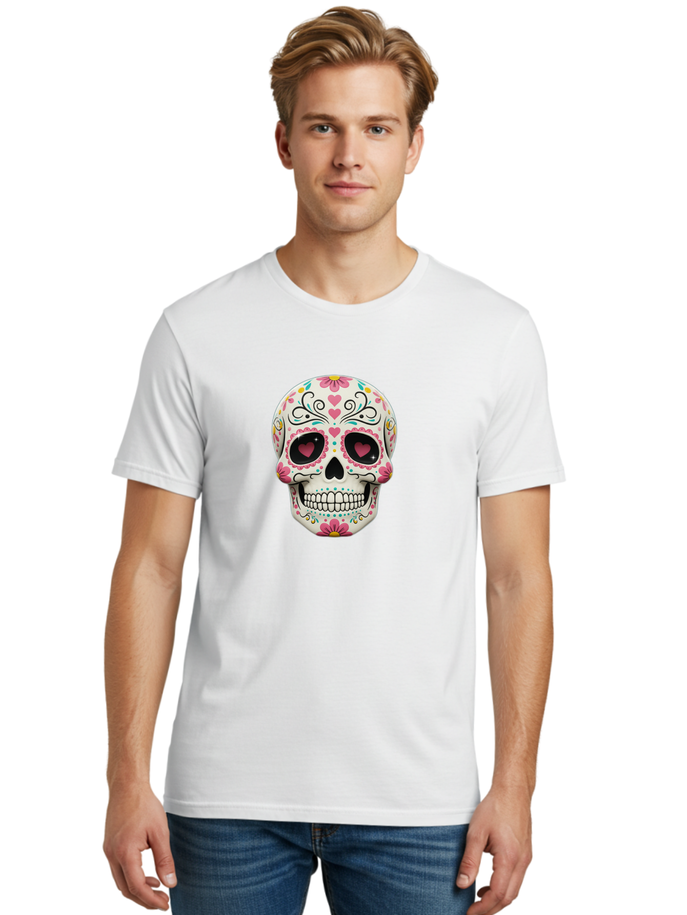 Sugar-Skull-1 Men'S Graphic Tee, 100% Cotton, Comfortable Casual Summer Wear, Machine Washable, Sugar Skull, Day Of The Dead, Floral Designs, Heart-Shaped Eyes, Vibrant Colors, Festive Decoration, Mexican Culture, Intricate Patterns, Skull Art Bad758 22
