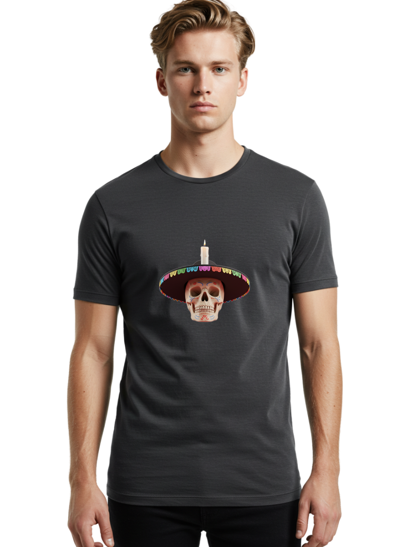 Sugar-Skull-10 Men'S Graphic Tee, 100% Cotton, Comfortable Casual Summer Wear, Machine Washable, Sugar Skull With Sombrero, Dia De Los Muertos, Colorful Decorations, Traditional Mexican Art, Vibrant Culture, Festive Spirit, Unique Design, Bad759 16
