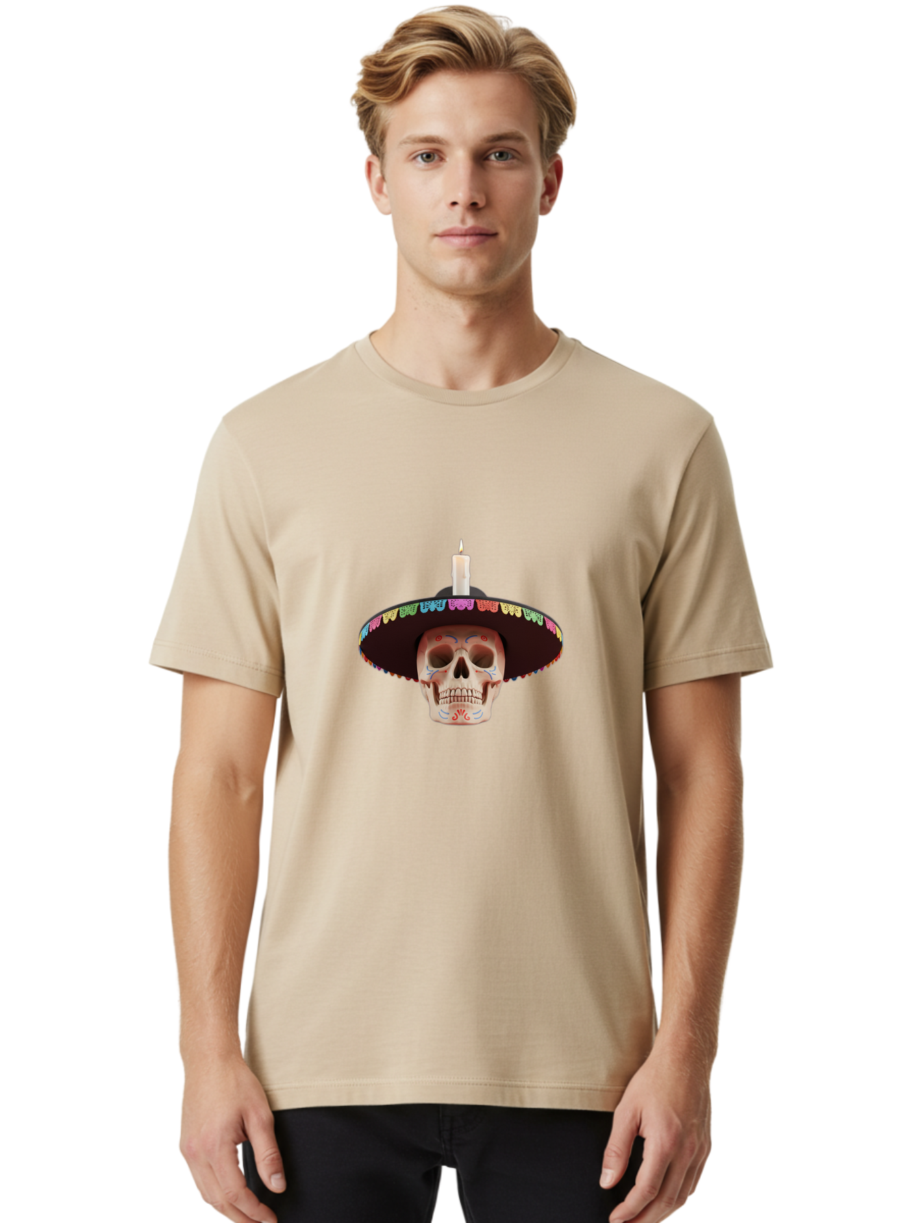 Sugar-Skull-10 Men'S Graphic Tee, 100% Cotton, Comfortable Casual Summer Wear, Machine Washable, Sugar Skull With Sombrero, Dia De Los Muertos, Colorful Decorations, Traditional Mexican Art, Vibrant Culture, Festive Spirit, Unique Design, Bad759 22
