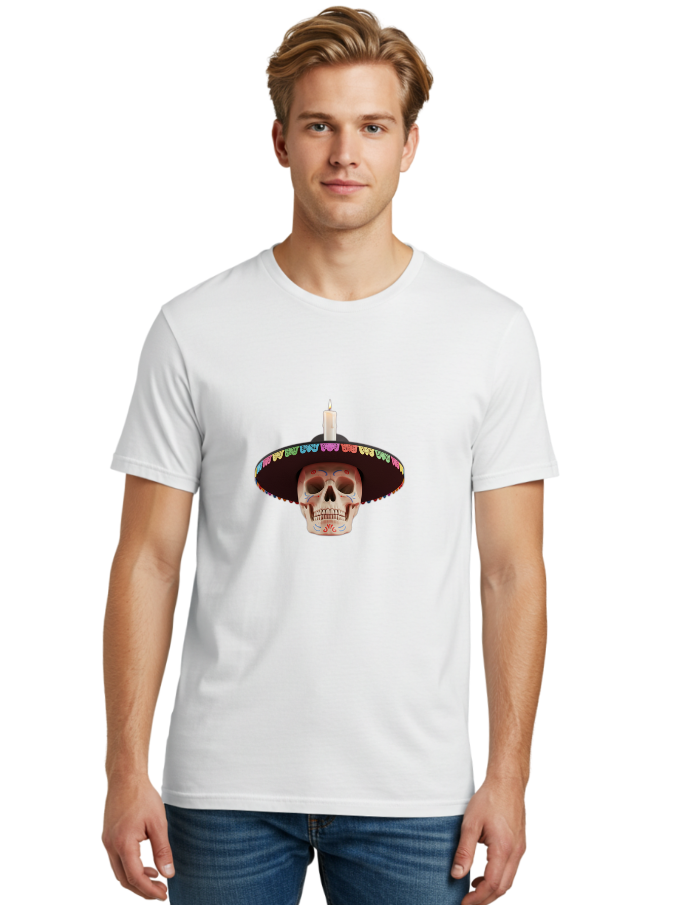 Sugar-Skull-10 Men'S Graphic Tee, 100% Cotton, Comfortable Casual Summer Wear, Machine Washable, Sugar Skull With Sombrero, Dia De Los Muertos, Colorful Decorations, Traditional Mexican Art, Vibrant Culture, Festive Spirit, Unique Design, Bad759 25