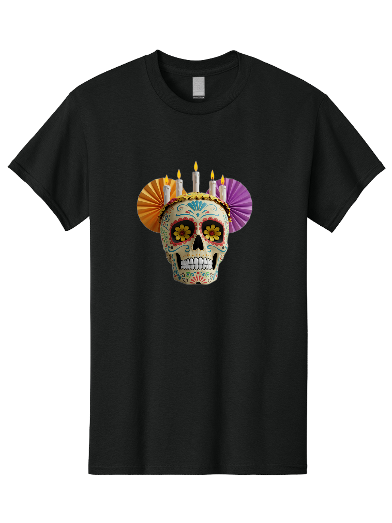 Sugar-Skull-11 Men'S Graphic Tee, 100% Cotton, Comfortable Casual Summer Wear, Machine Washable, Sugar Skull, Day Of The Dead, Vibrant Colors, Festive Decorations, Candles Lit, Flowers In Eyes, Traditional Mexican Art, Cultural Celebration, Bad760 5