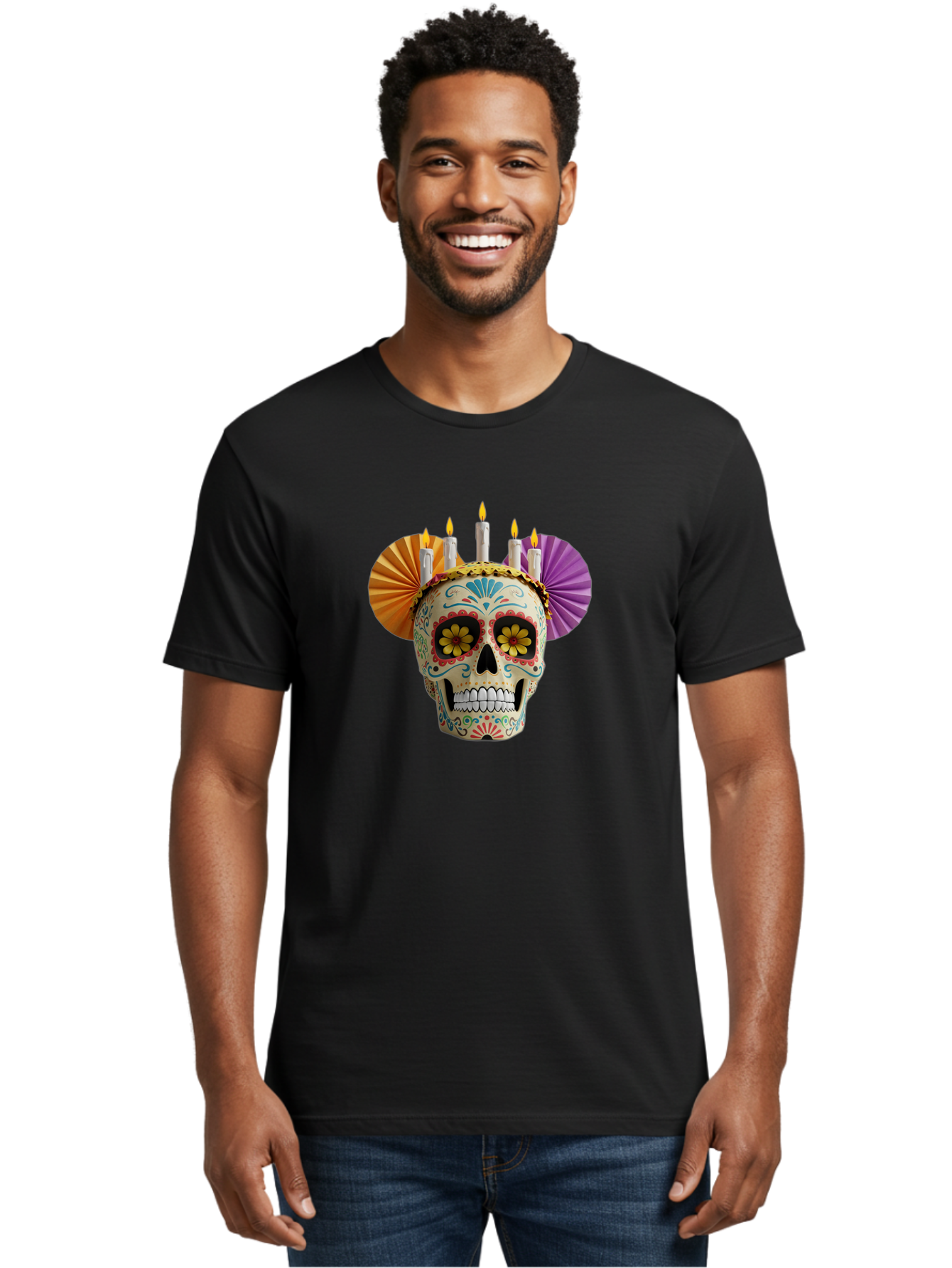 Sugar-Skull-11 Men'S Graphic Tee, 100% Cotton, Comfortable Casual Summer Wear, Machine Washable, Sugar Skull, Day Of The Dead, Vibrant Colors, Festive Decorations, Candles Lit, Flowers In Eyes, Traditional Mexican Art, Cultural Celebration, Bad760 20